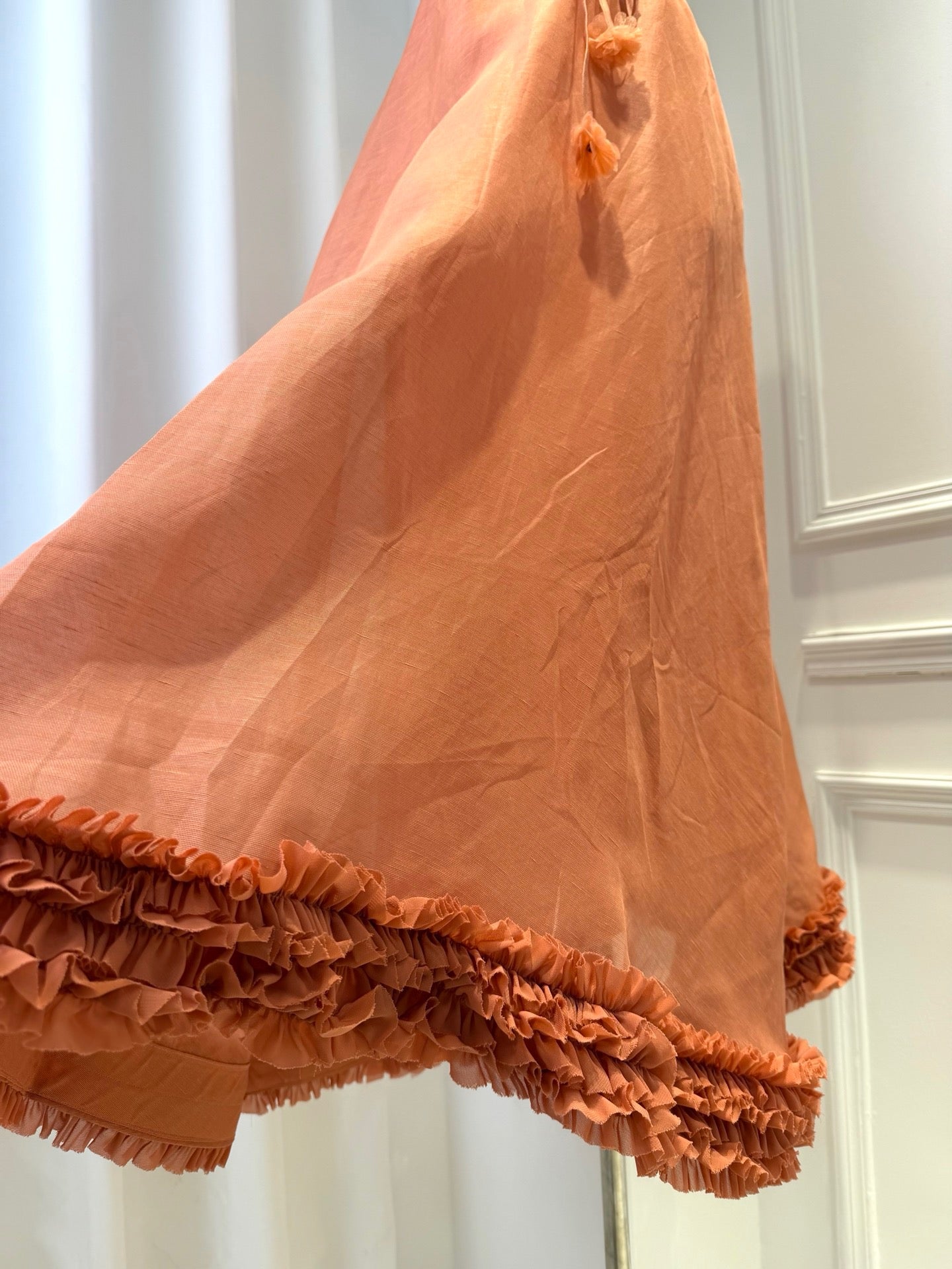 2026 women Vintage Sheer A-Line Midi Dress, Frill Neck & Hem Floral Waist Tie Formal Dress Lovestahl