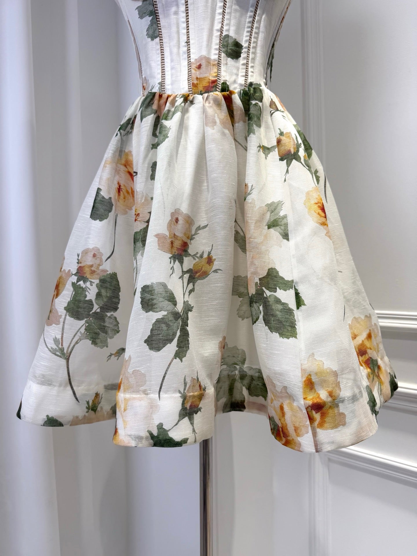 2026 WOMEN Lovestahl Yellow Rose Floral Print Corset Mini Dress Women Thin Spaghetti Strap Bow Bust Structured Waist Flare Skirt Summer Short Dress Sizes 0/1/2/3 In Stock