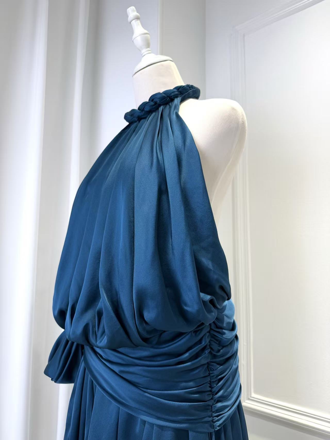 Lovestahl Frilled Halter Satin Maxi Dress Women Elastic Waist Self Tie Belt Gown Irregular Ruched Layered Long Dress Wedding Guest Formal Evening Party Dress