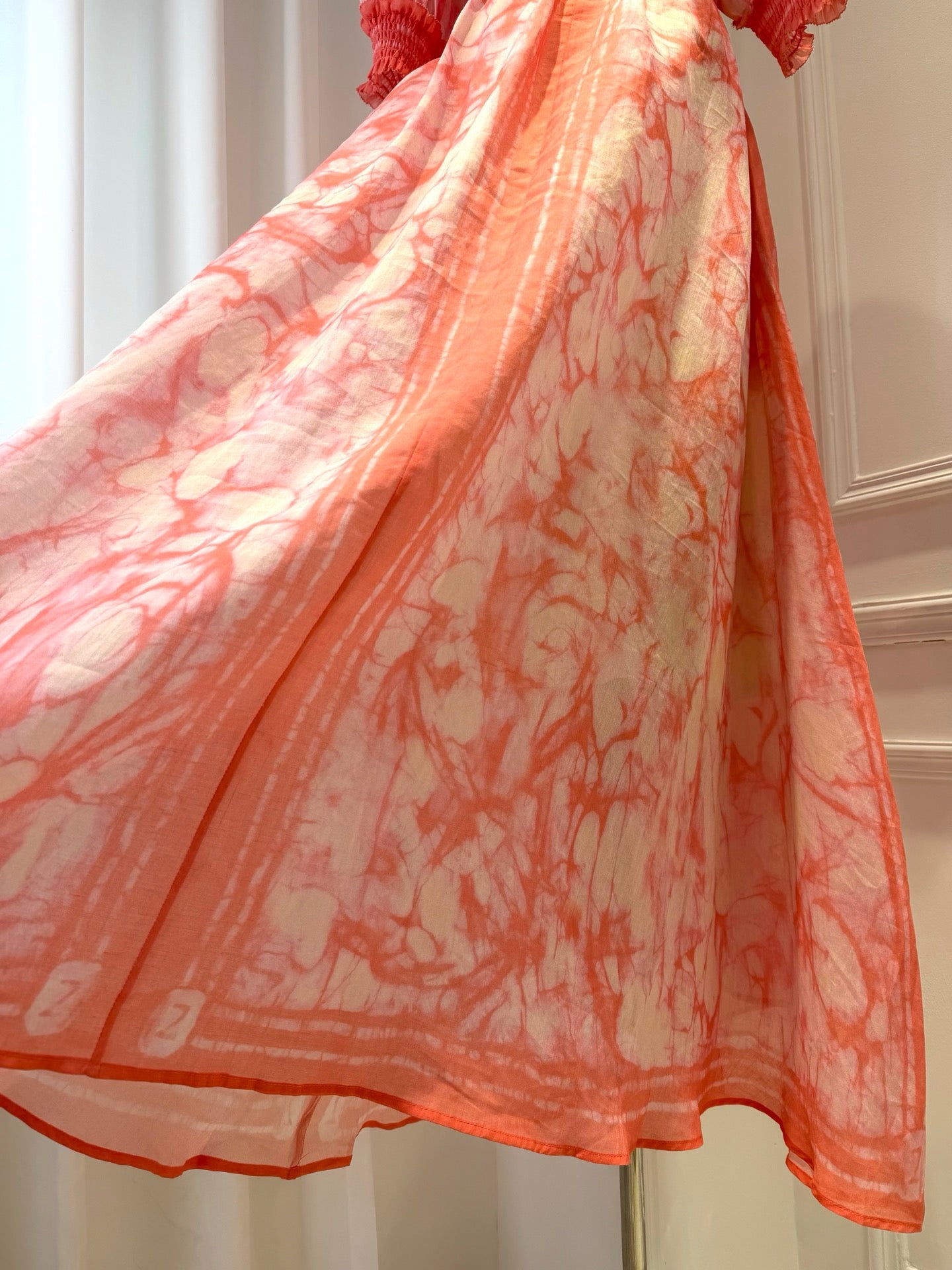 LOVESTAHL Pink Marble Print Maxi Dress Women Stand Collar Puff Short Sleeve Self Tie Waist Belt Flowy Long Vacation Dress Z1081 Sizes 0-3