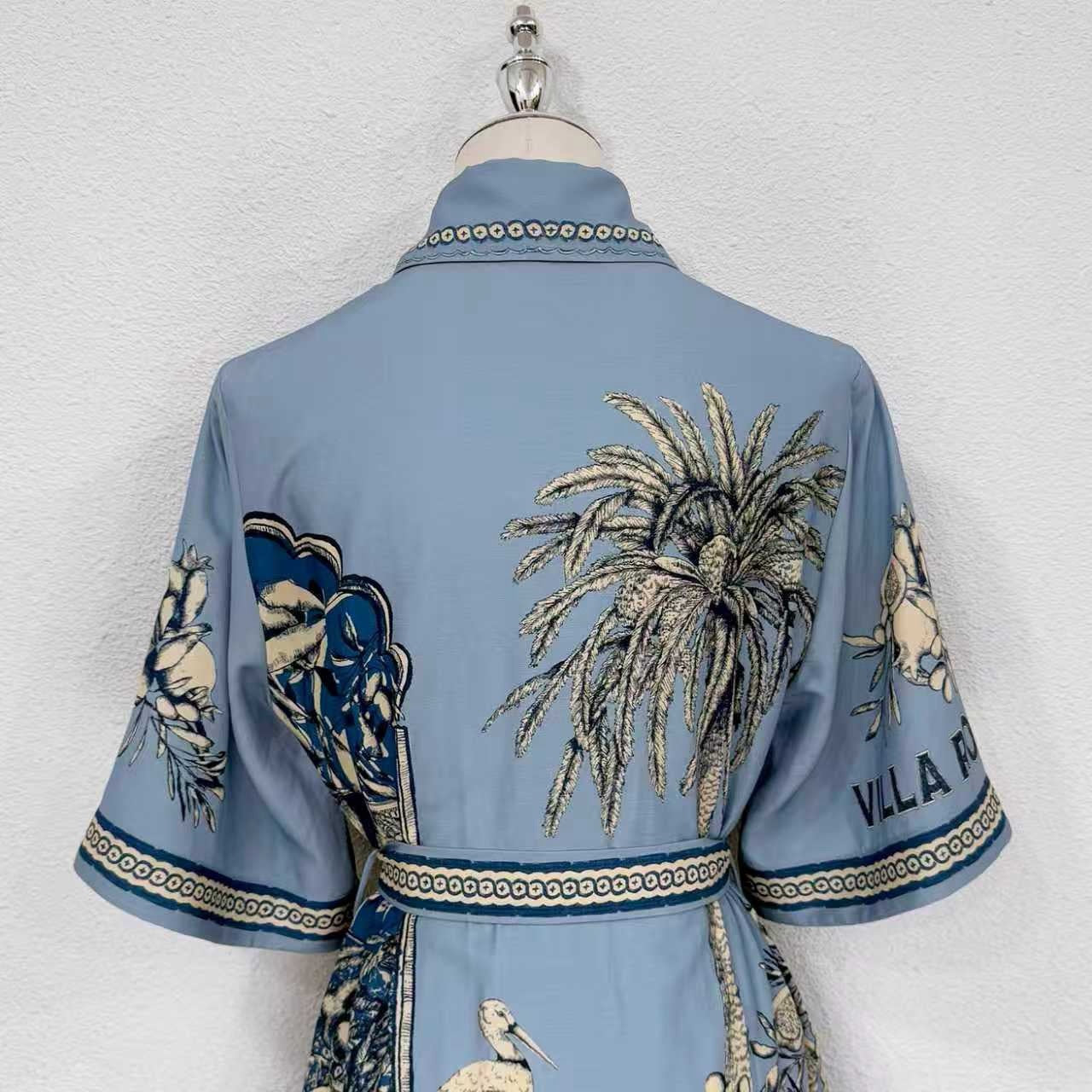 Lovestahl Viral Linen Blend Shirt Dress Mediterranean Lemon Botanical Border Print Belted Flounce Hem Vacation Mini Dress