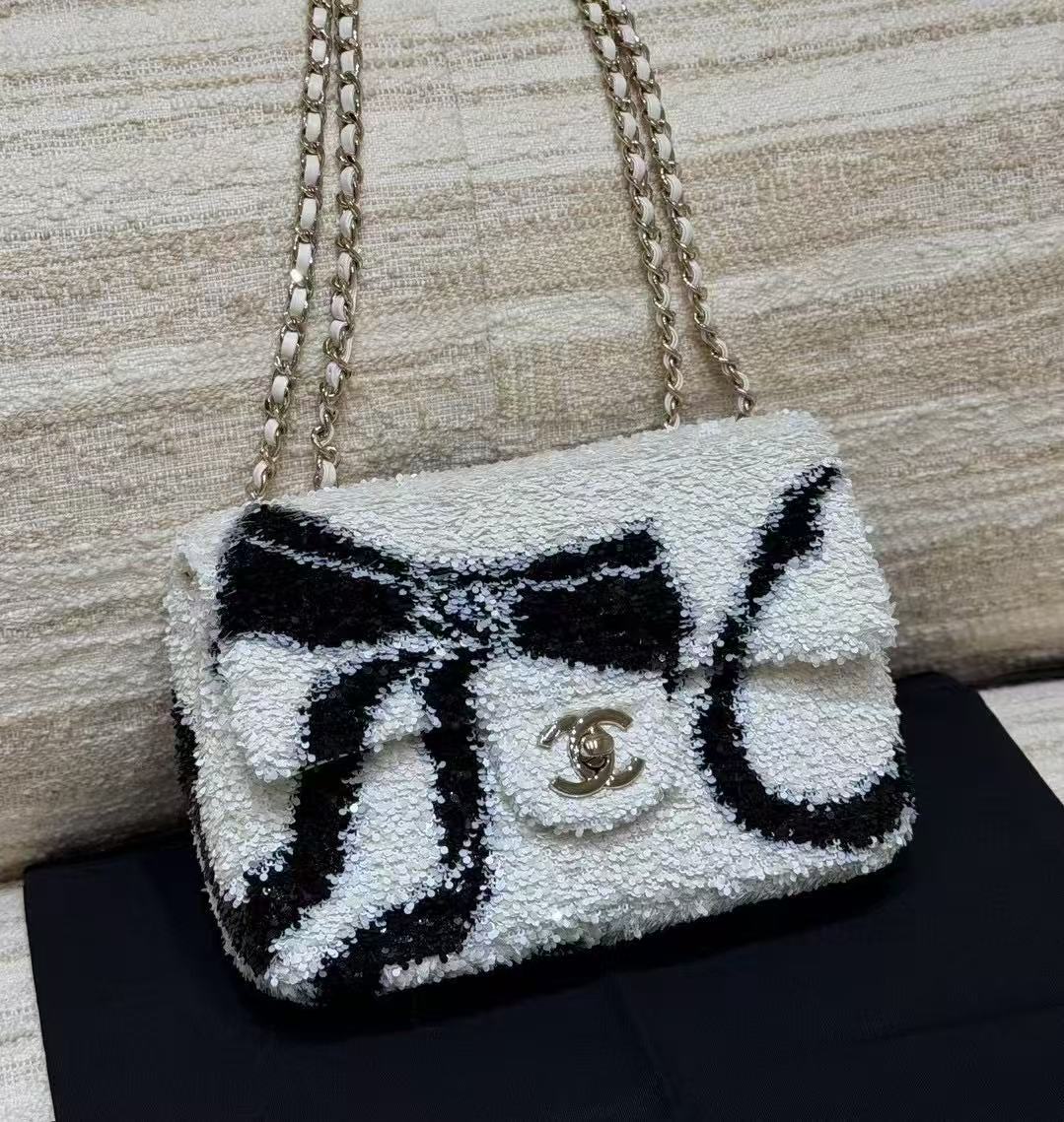 LOVESTAHL 25K Couture Runway Limited Sequin Mini Flap Bag, Lambskin Trim Chain Crossbody Shoulder Bag