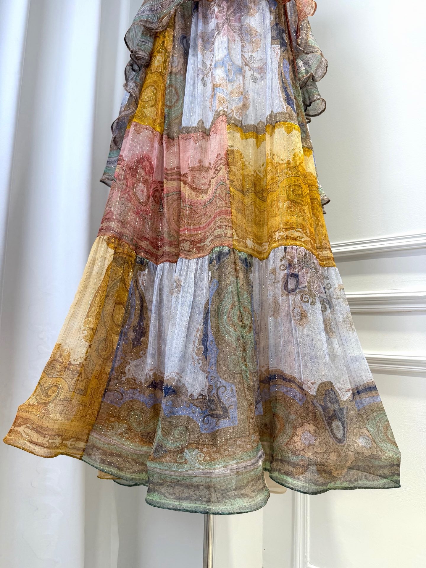 LOVESTAHL Color Block Paisley Print Slip Maxi Dress Women Spaghetti Strap Ruffle Tiered Sheer Glitter Fabric Boho Beach Long Dress