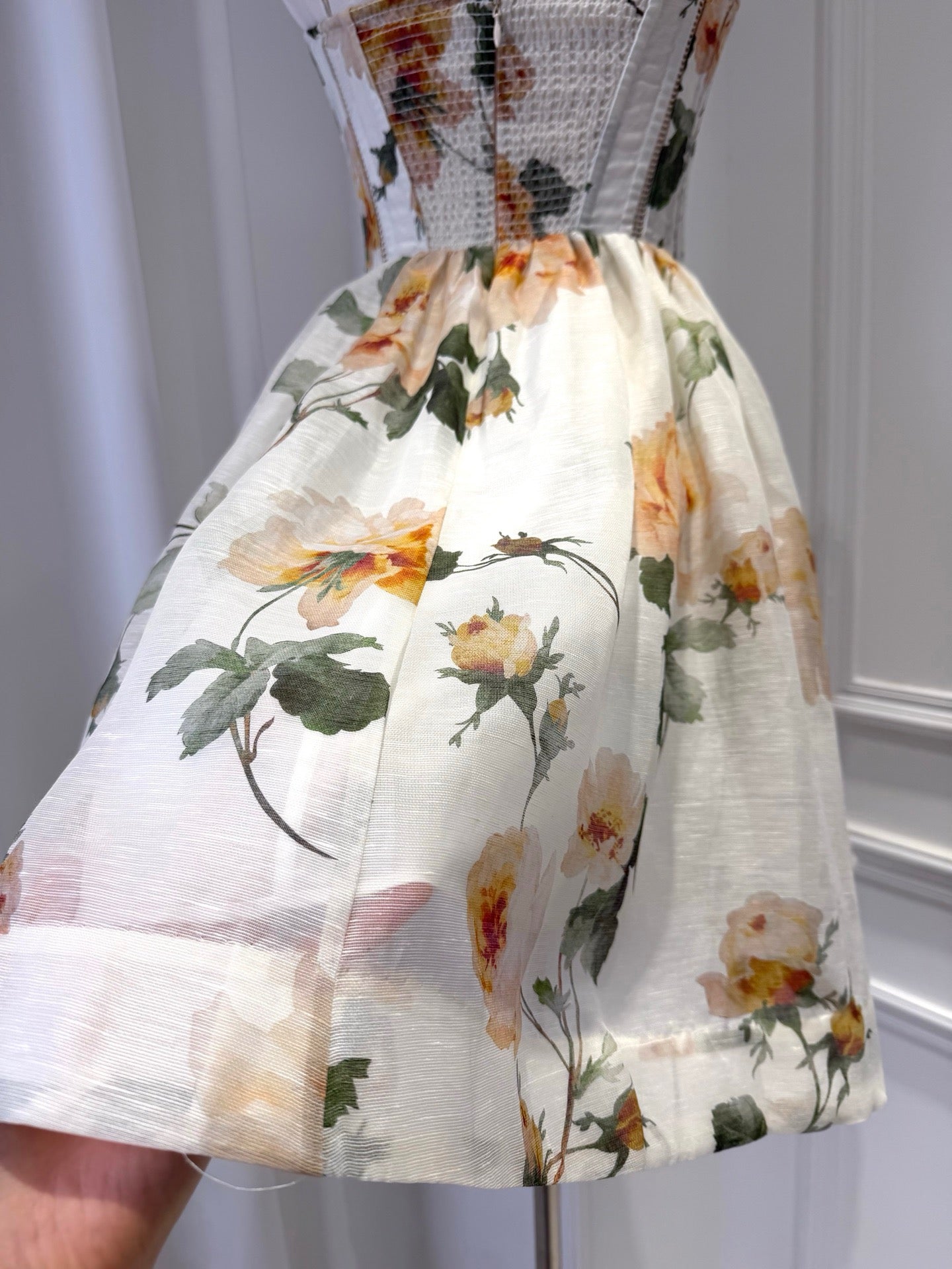 2026 WOMEN Lovestahl Yellow Rose Floral Print Corset Mini Dress Women Thin Spaghetti Strap Bow Bust Structured Waist Flare Skirt Summer Short Dress Sizes 0/1/2/3 In Stock