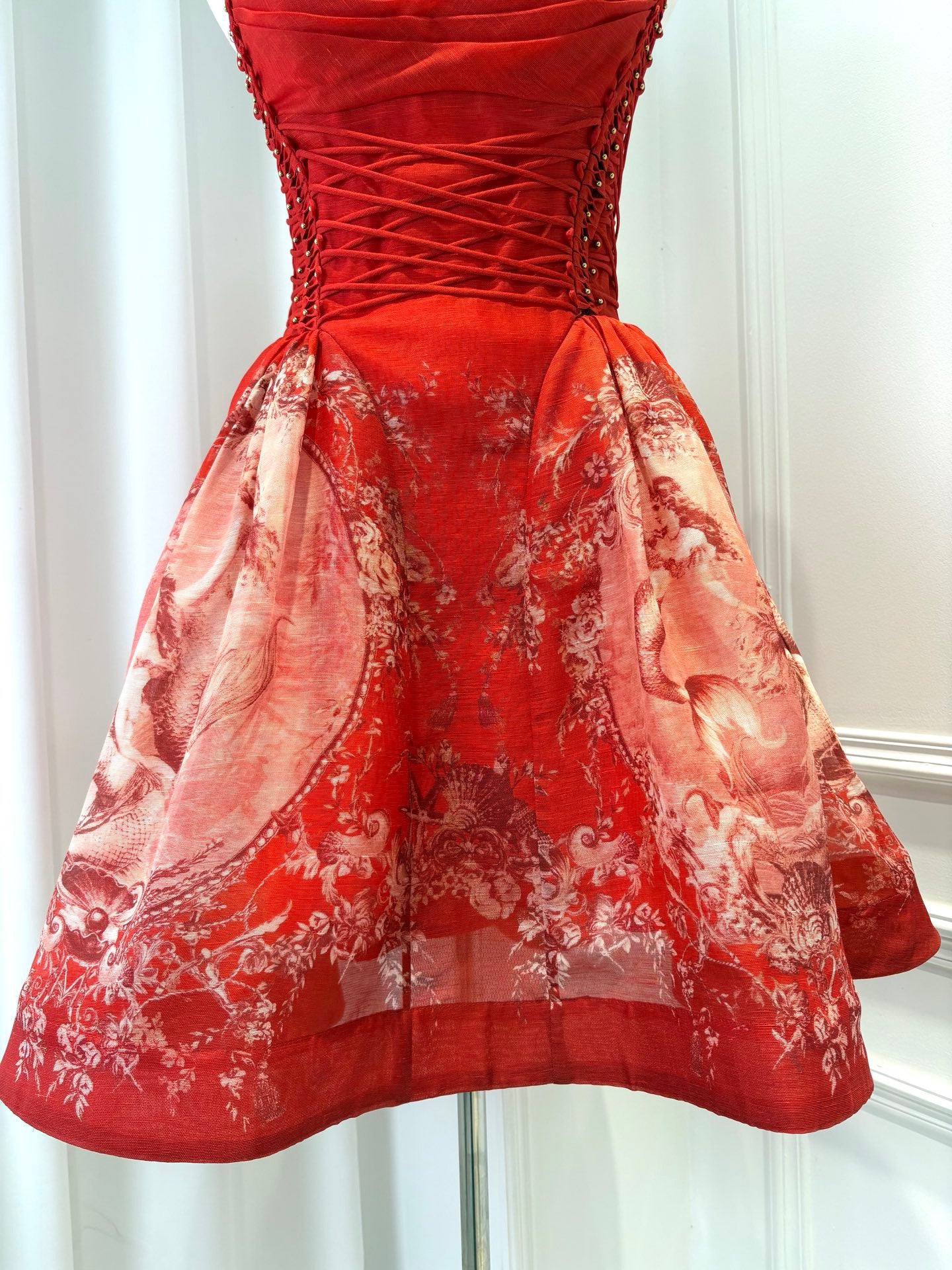 Lovestahl Women Red Floral Print Mini Party Dress Thin Spaghetti Strap Ruffle Neck Lace Up Corset Waist A Line Short Prom Dress Elegant Wedding Guest Evening Cocktail Dresses