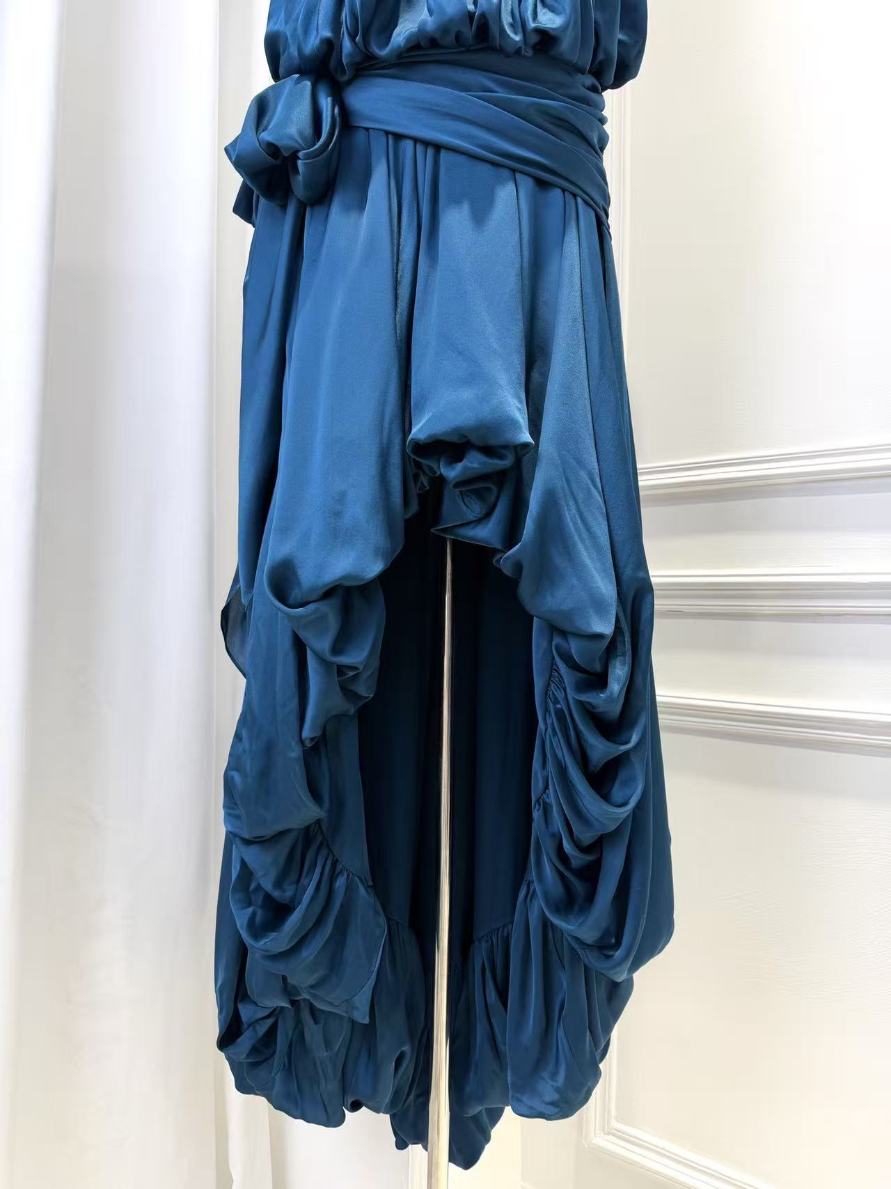 Lovestahl Frilled Halter Satin Maxi Dress Women Elastic Waist Self Tie Belt Gown Irregular Ruched Layered Long Dress Wedding Guest Formal Evening Party Dress