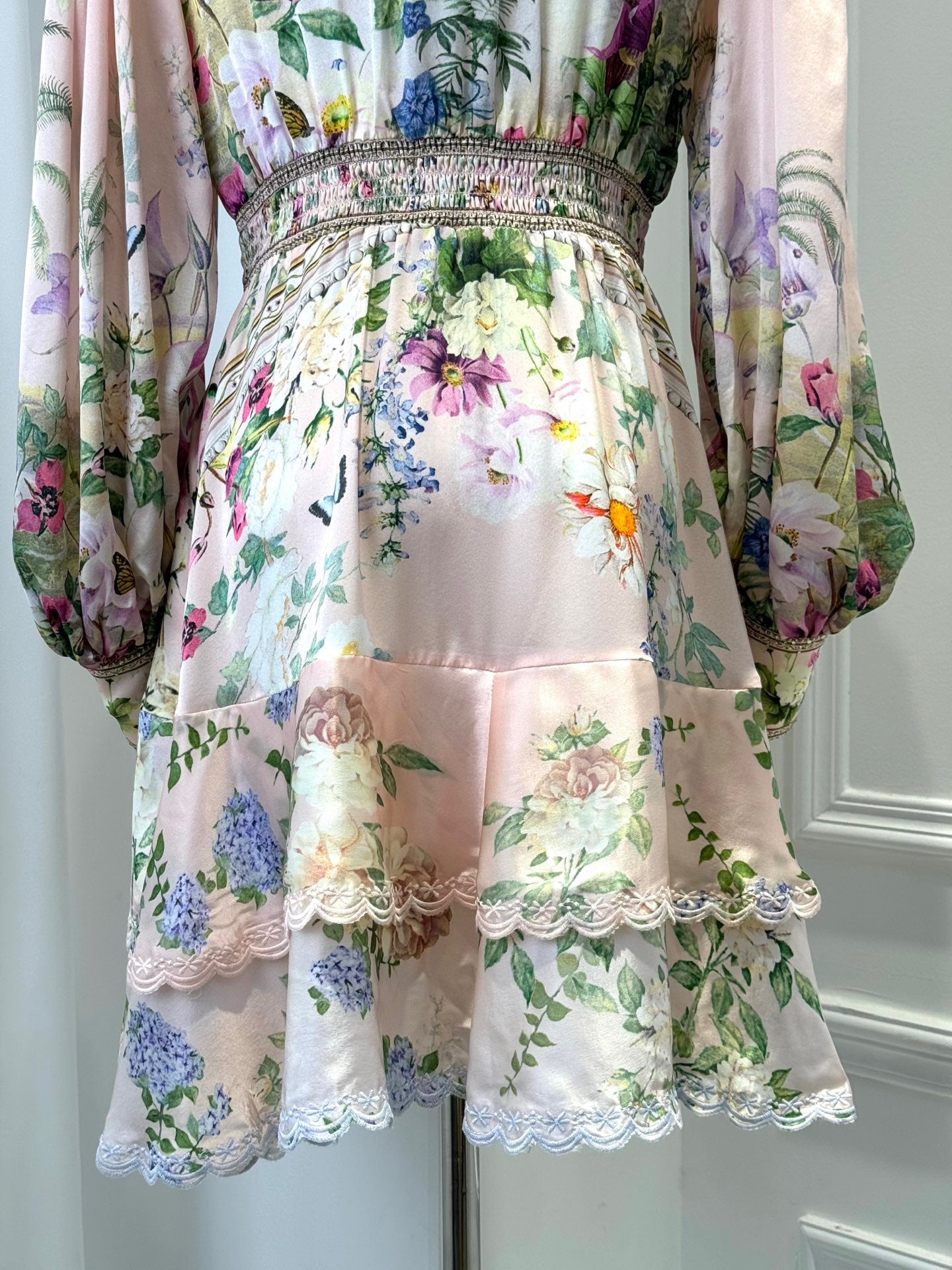 LOVESTAHL Pink Floral Print Mini Dress Women Deep V Neck Puff Long Sleeve Beaded Waist Lace Ruffle Hem Elegant Party Short Dresses