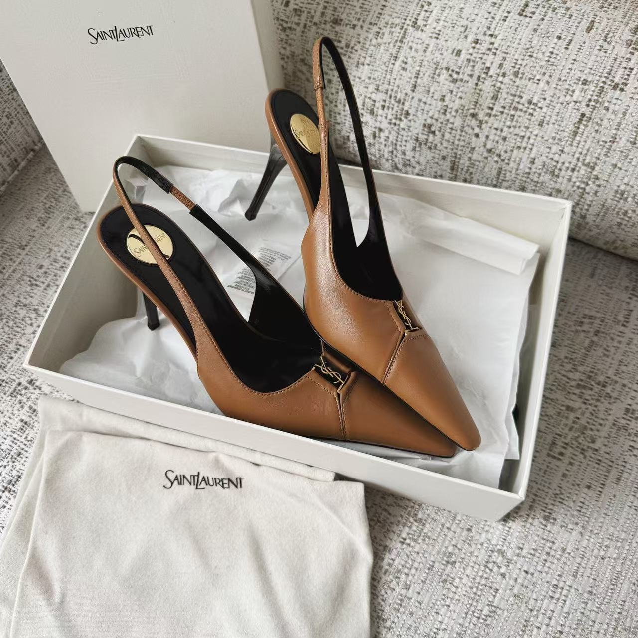 LOVESTAHL Women Color‑Block Slingback Pumps, Genuine Cow‑Leather Pointed‑Toe Stiletto Heels, Metal‑Ornament Back‑Strap Elegant Dress Shoes