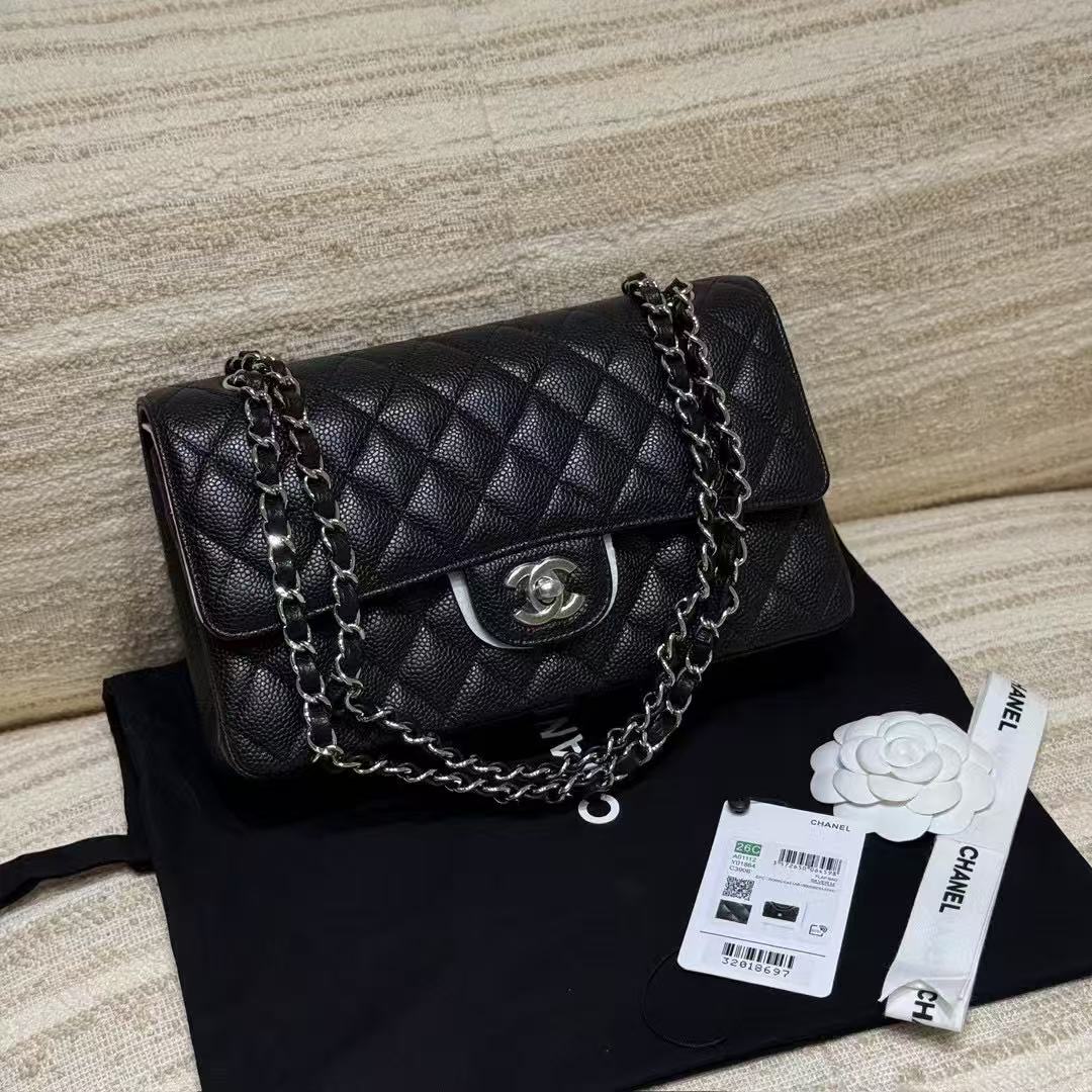 LOVESTAHL Timeless Quilted Caviar Leather Flap Bag, Medium Size 25.5cm Interwoven Chain Crossbody Handbag