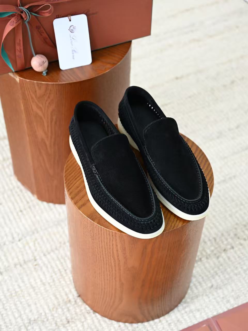 Lovestahl Men Black Suede Woven Slip On Loafers Hand Stitched White Rubber Sole Luxury Business Casual Driving Moccasin Flat Shoes Sizes 39-46