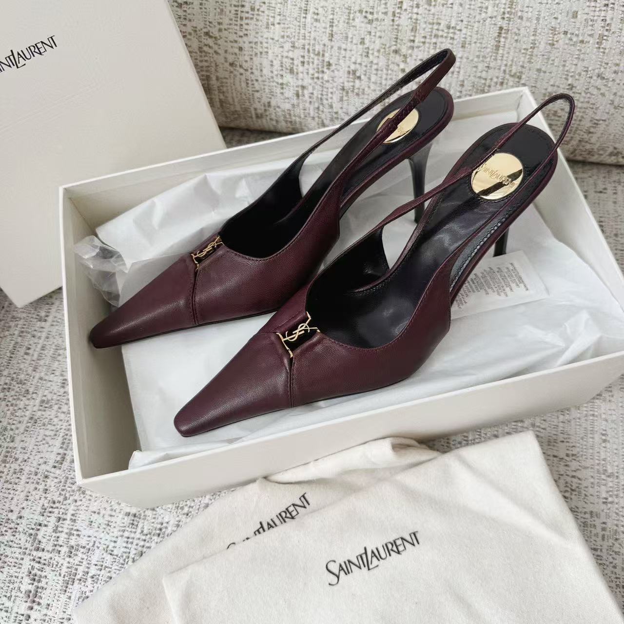 LOVESTAHL Women Color‑Block Slingback Pumps, Genuine Cow‑Leather Pointed‑Toe Stiletto Heels, Metal‑Ornament Back‑Strap Elegant Dress Shoes