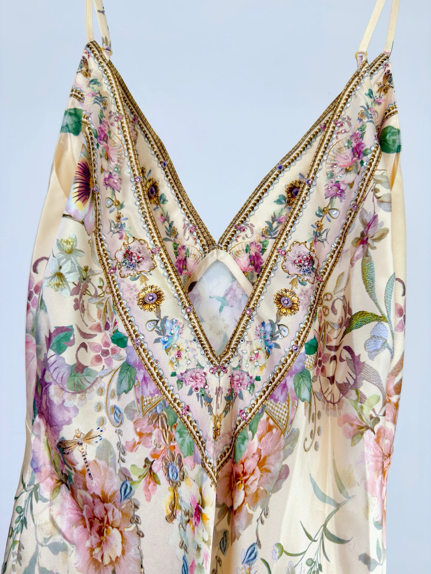 Lovestahl 100% Silk Bias Cut Maxi Dress Vintage Floral Crystal Rhinestone Backless Slip Dress Luxury Designer Party Long Gown