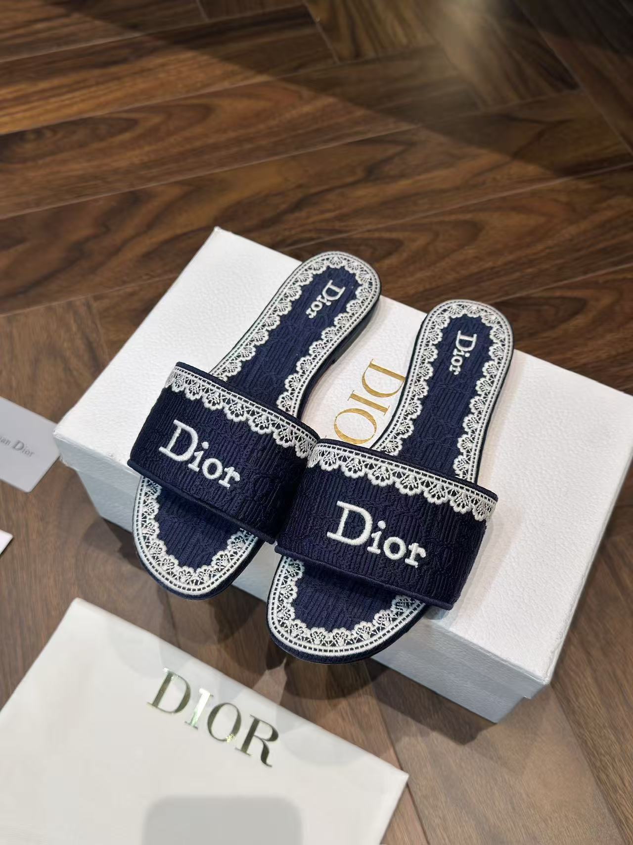 LOVESTAHL Dentelle Oblique Jacquard Lace Trim Slide Sandals 2 Versions Flat & Mid Heel Italian Lucky Star Leather Outsole Women Summer Vacation Slippers