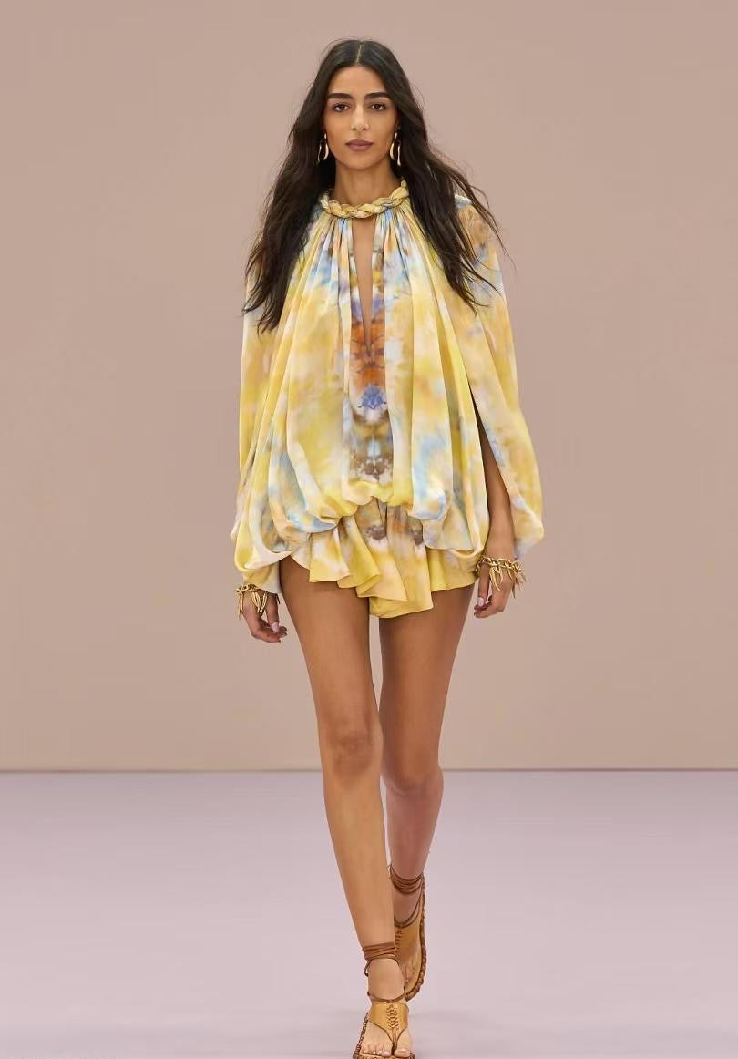 Lovestahl Runway Yellow Tie Dye Playsuit Women Braided Twisted Halter Keyhole Cutout Oversized Side Slit Long Sleeve Bubble Hem Ruffle Shorts Bohemian Beach Romper