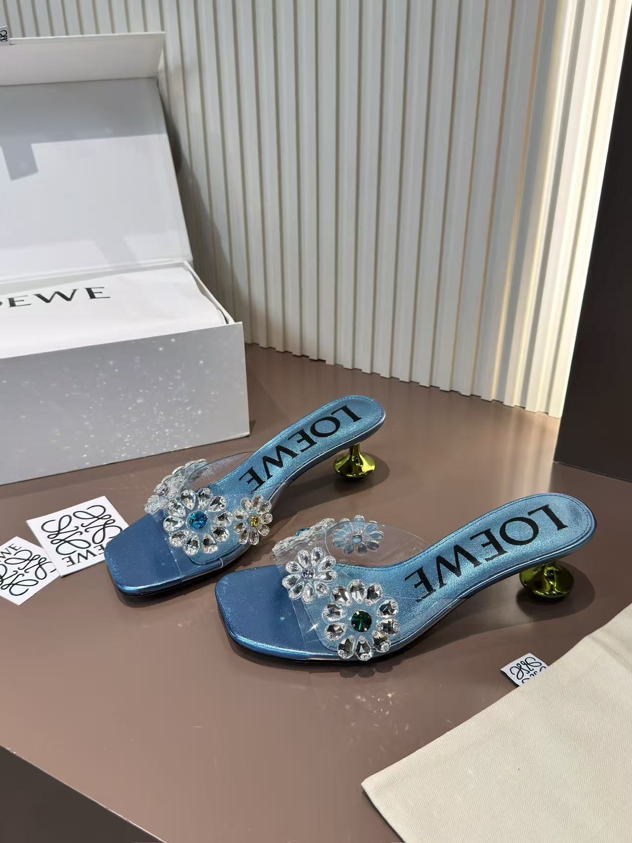 LOVESTAHL Toy Crystal Flower Mule Slides Handmade Rhinestone Floral Mules Soft Sheepskin Insole Genuine Leather Outsole Signature Green Toy Heel Women Party Slip On Sandals