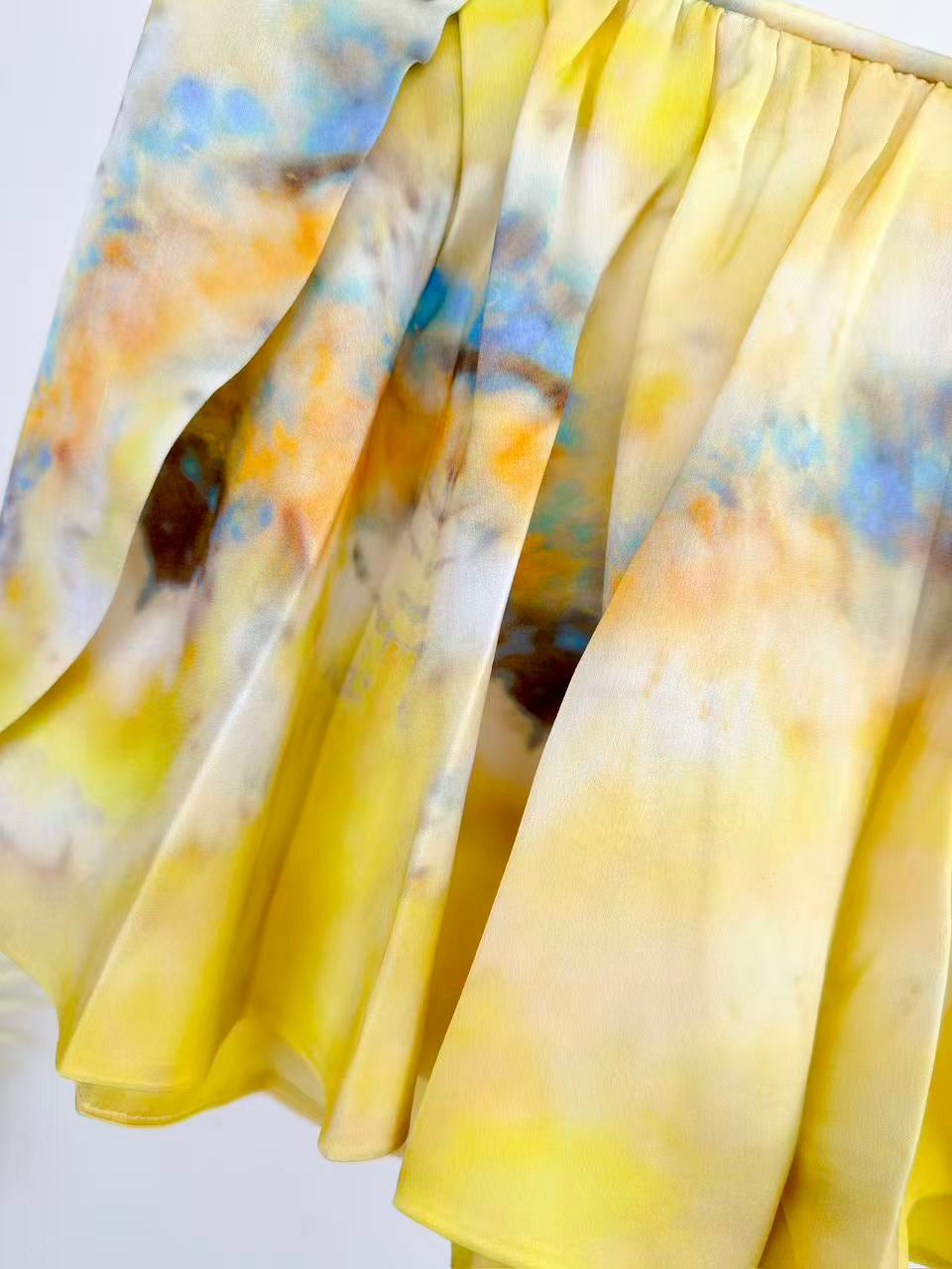 Lovestahl Runway Yellow Tie Dye Playsuit Women Braided Twisted Halter Keyhole Cutout Oversized Side Slit Long Sleeve Bubble Hem Ruffle Shorts Bohemian Beach Romper