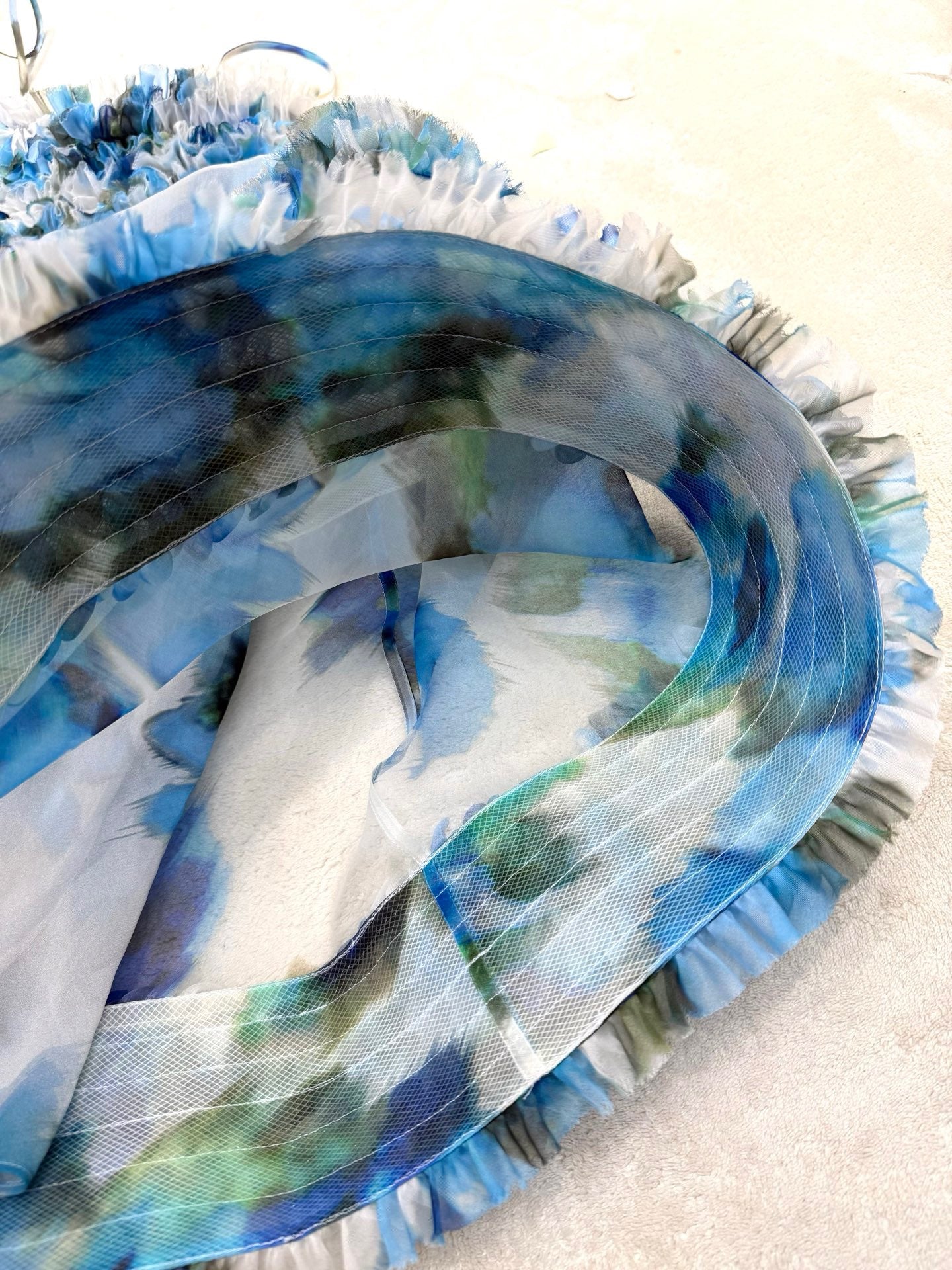 Lovestahl Women Blue Watercolor Floral Mini Slip Dress Thin Spaghetti Strap 3 Tier Ruffle Fringe Hem Flowy A Line Short Sundress Summer Beach Vacation Party Dress