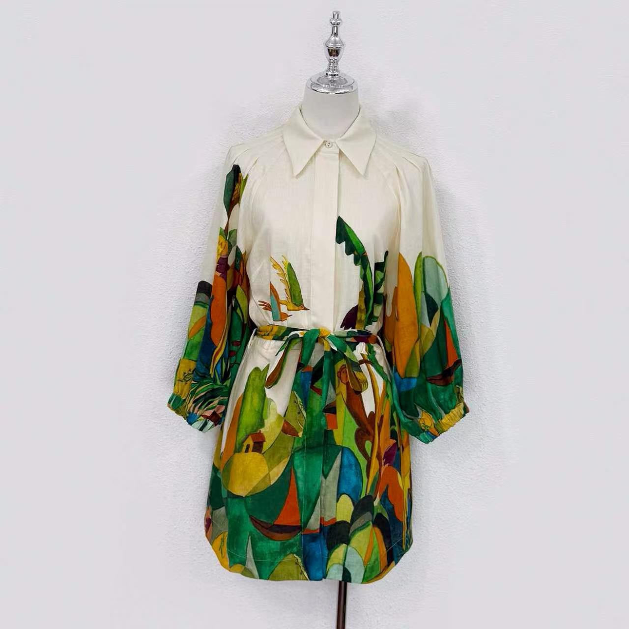 Lovestahl Niche Abstract Tropical Bird Print Shirt Dress Women Collar 3/4 Puff Sleeve Self Tie Waist Belt Mini Shirt Dress Resort Holiday Linen Blend Dress Size 6-12 In Stock