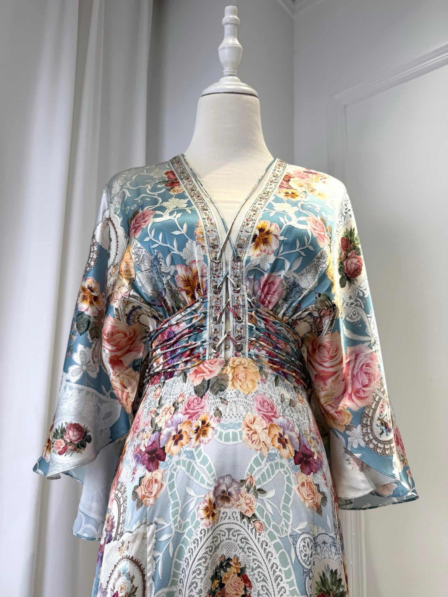 Lovestahl Blue Vintage Floral Print Maxi Dress Women V Neck Beaded Trim Flare Half Sleeve Shirred Waist Boho Holiday Long Dress Sizes 0/1/2/3 In Stock