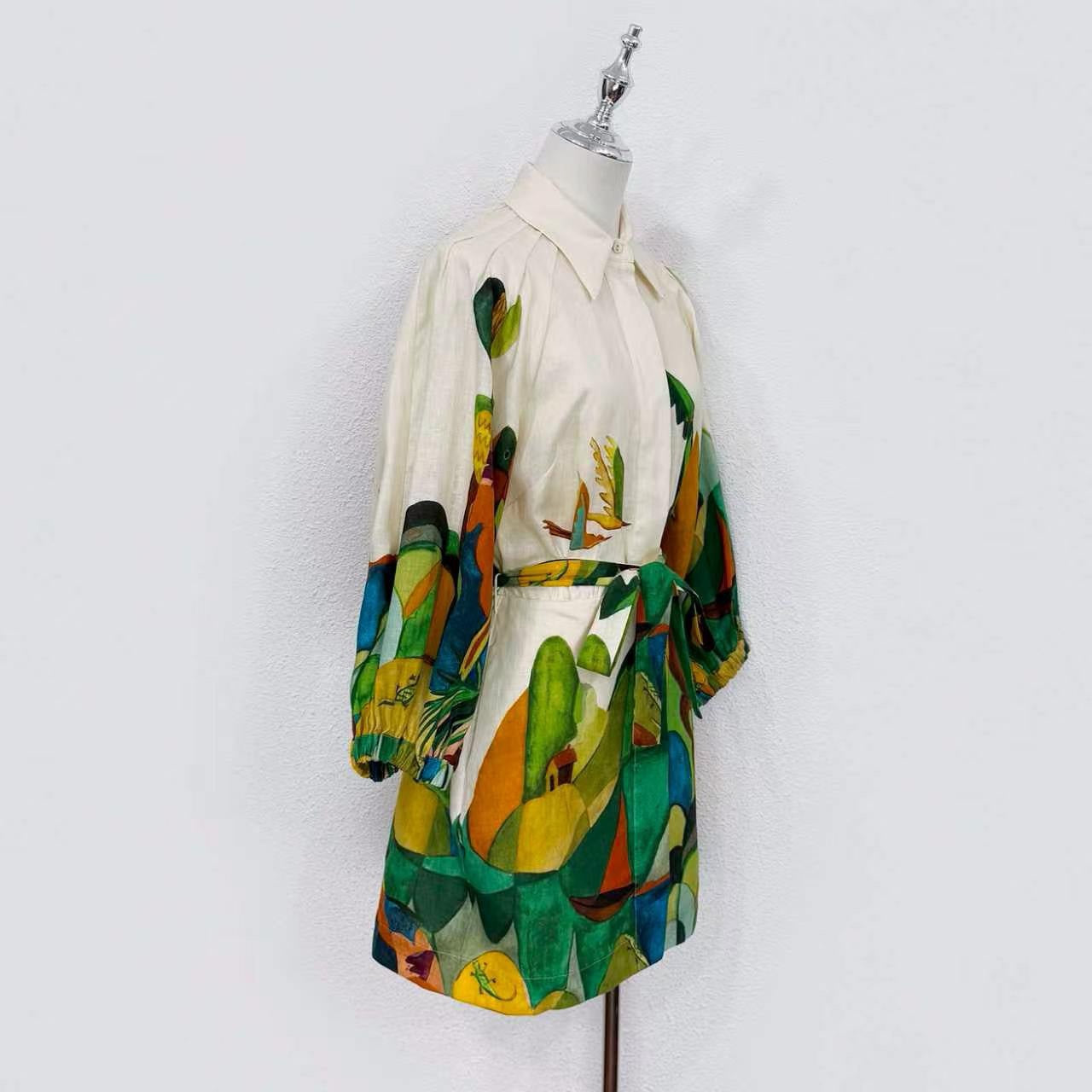 Lovestahl Niche Abstract Tropical Bird Print Shirt Dress Women Collar 3/4 Puff Sleeve Self Tie Waist Belt Mini Shirt Dress Resort Holiday Linen Blend Dress Size 6-12 In Stock