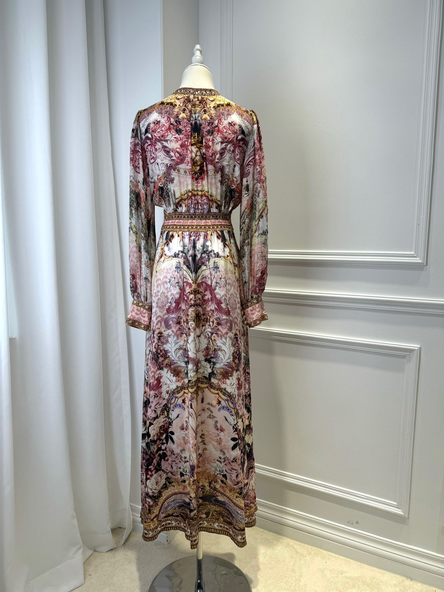 LOVESTAHL Vintage Floral Baroque Print Maxi Dress Women Deep V Neck Beaded Trim Puff Long Sleeve High Waist Button Front Elegant Holiday Long Dresses