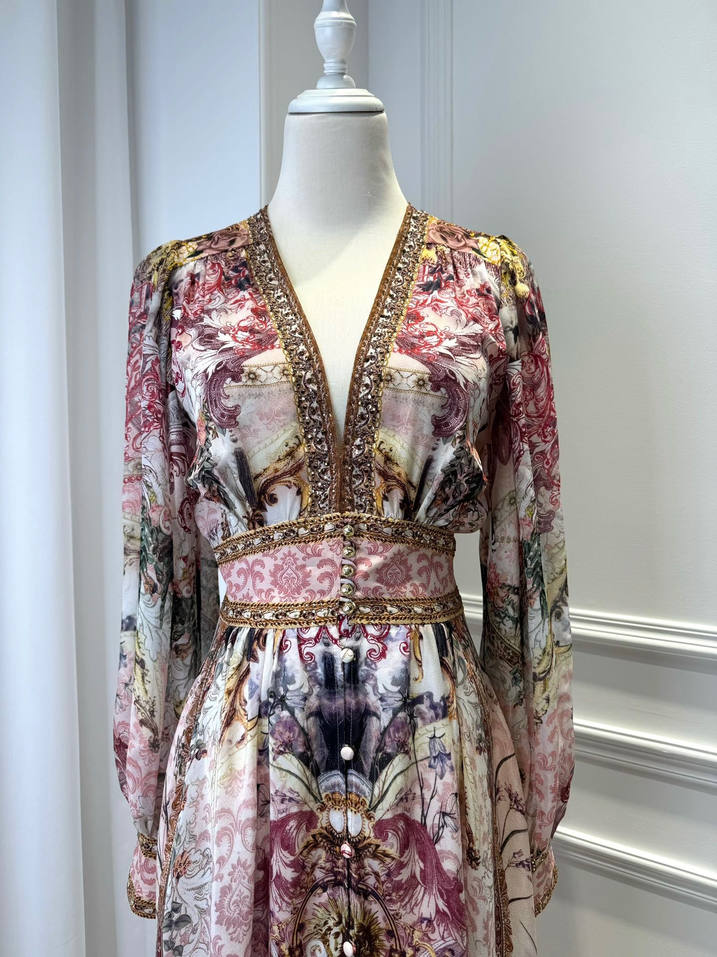 LOVESTAHL Vintage Floral Baroque Print Maxi Dress Women Deep V Neck Beaded Trim Puff Long Sleeve High Waist Button Front Elegant Holiday Long Dresses