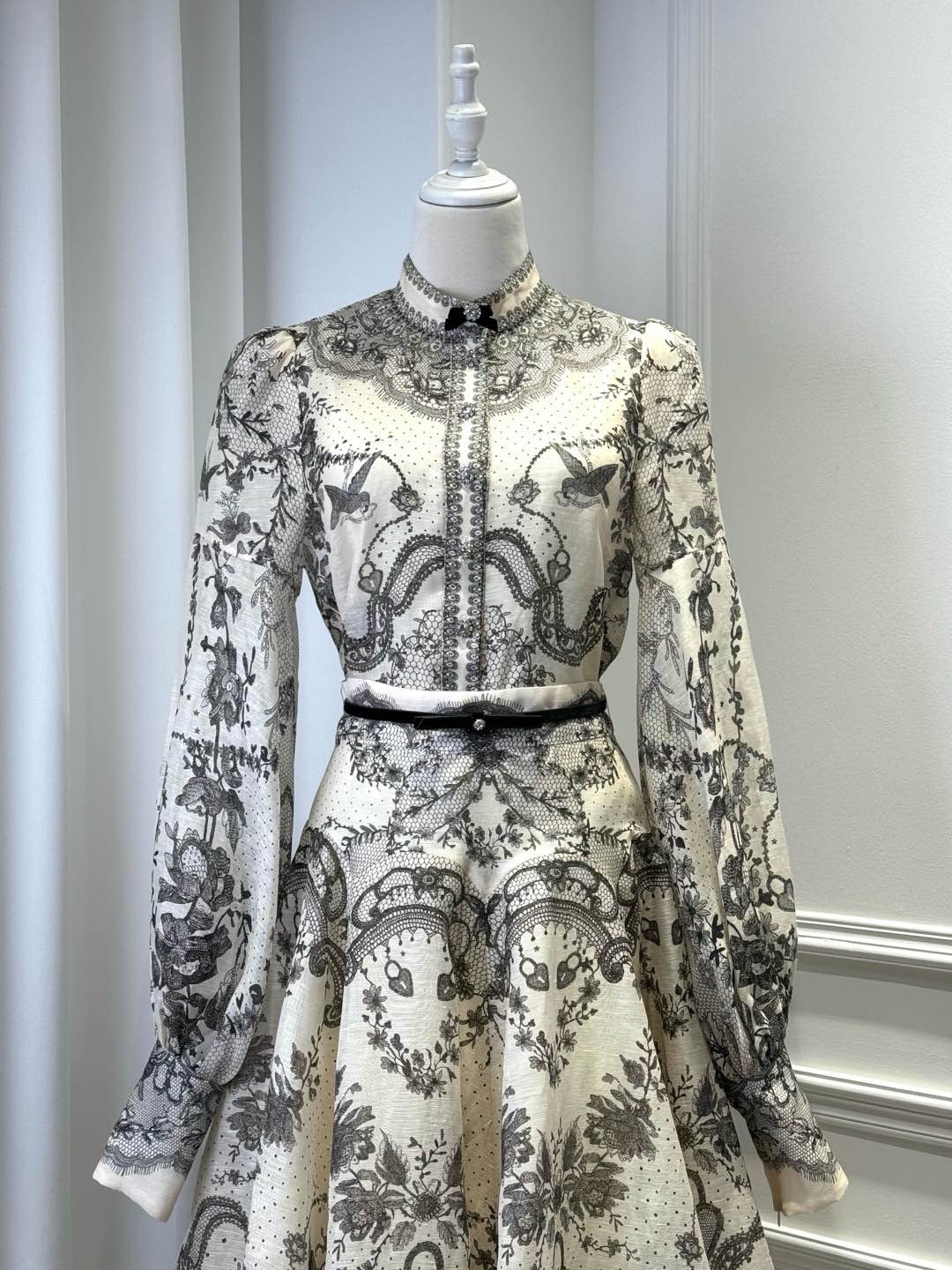 LOVESTAHL Vintage Lace Butterfly Print Midi Dress Women High Neck Puff Long Sleeve Slim Waist Belt Retro A Line Party Dresses