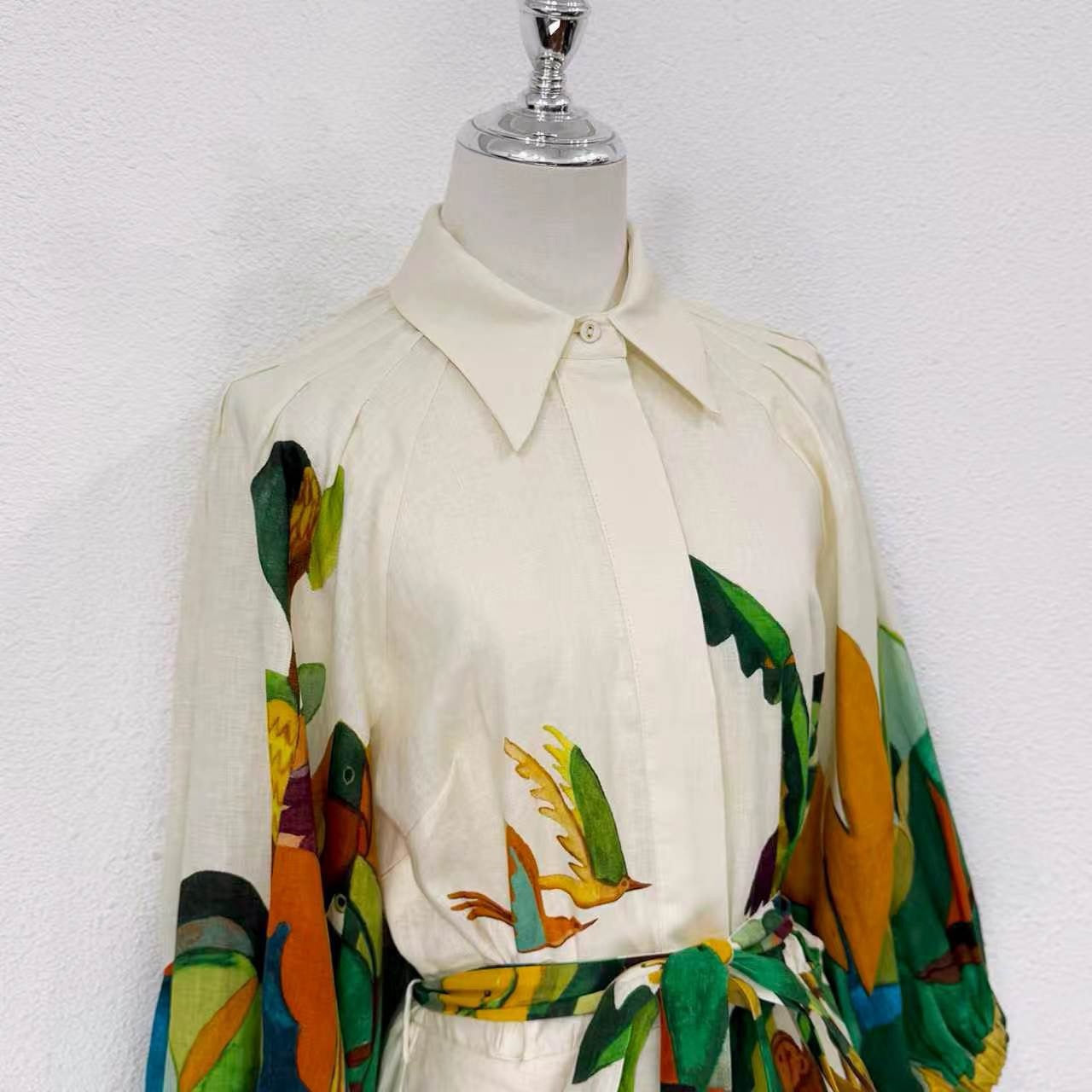 Lovestahl Niche Abstract Tropical Bird Print Shirt Dress Women Collar 3/4 Puff Sleeve Self Tie Waist Belt Mini Shirt Dress Resort Holiday Linen Blend Dress Size 6-12 In Stock