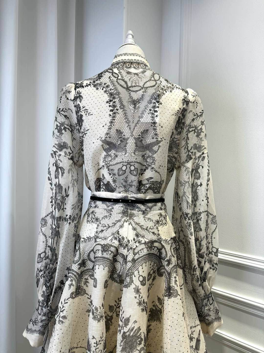 LOVESTAHL Vintage Lace Butterfly Print Midi Dress Women High Neck Puff Long Sleeve Slim Waist Belt Retro A Line Party Dresses