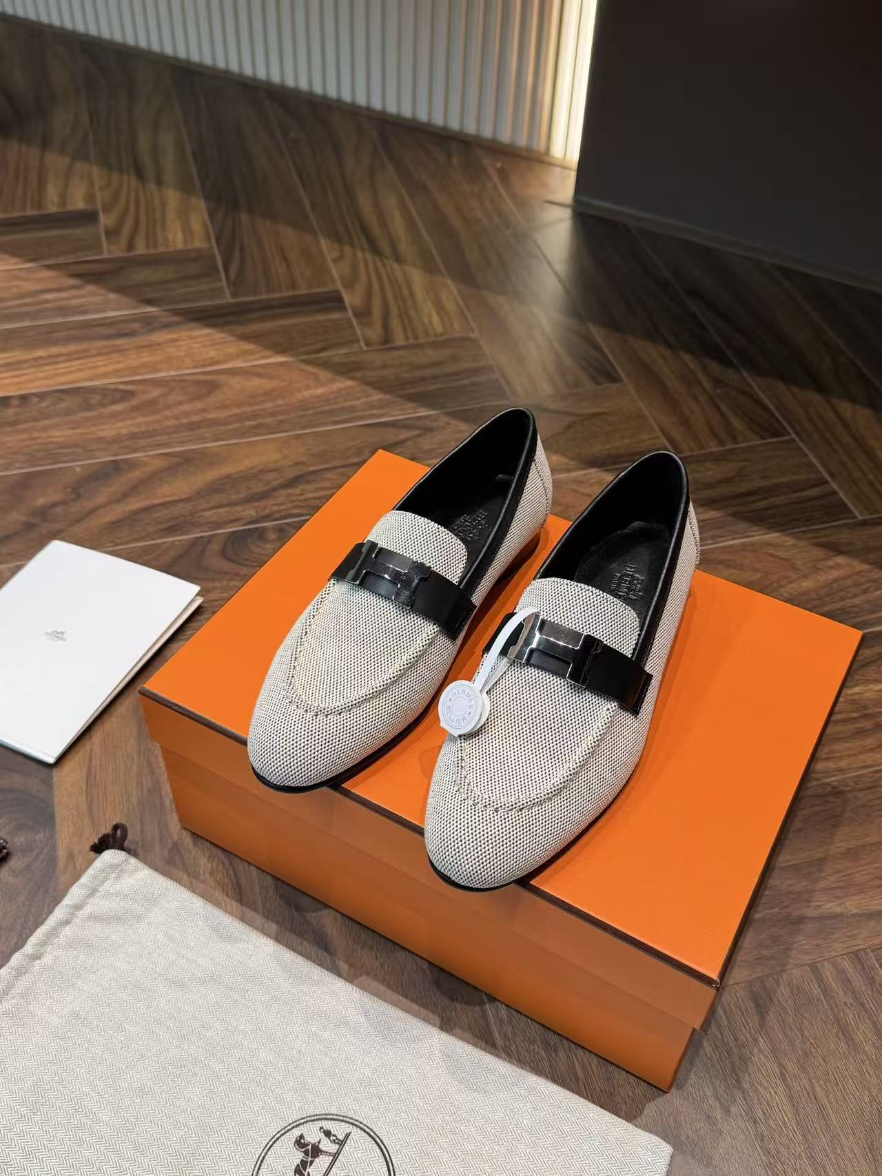 LOVESTAHL Paris H Buckle Loafers Canvas & Goatskin Spliced Genuine Leather Flat Slip On Shoes For Women Office Daily Commute
