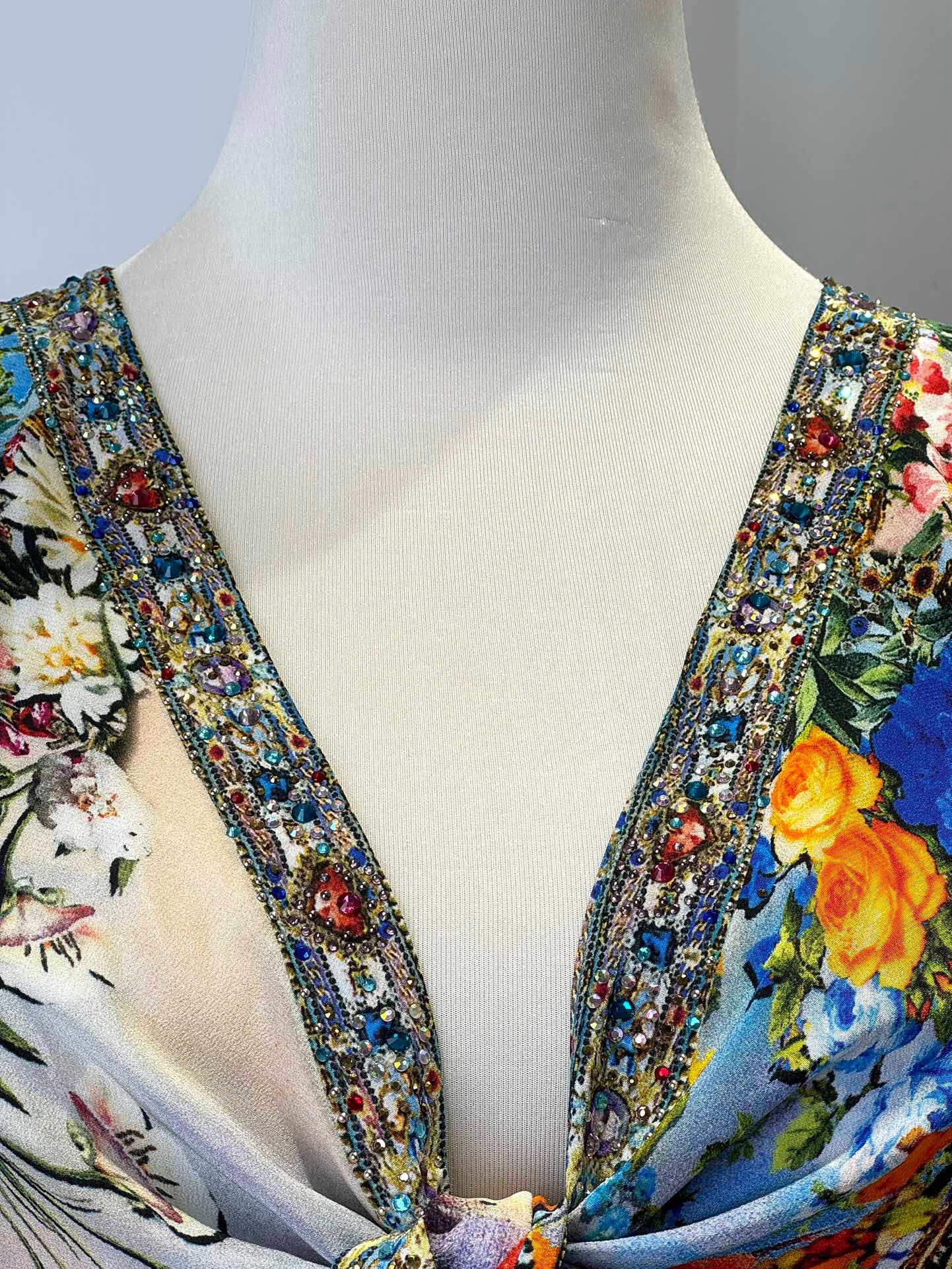 2026 WOMEN LOVESTAHL Fairytale Garden Print Mini Dress Women Deep V Neck Front Tie Rhinestone Trim Puff Long Sleeve Ruffle Hem Holiday Short Dresses