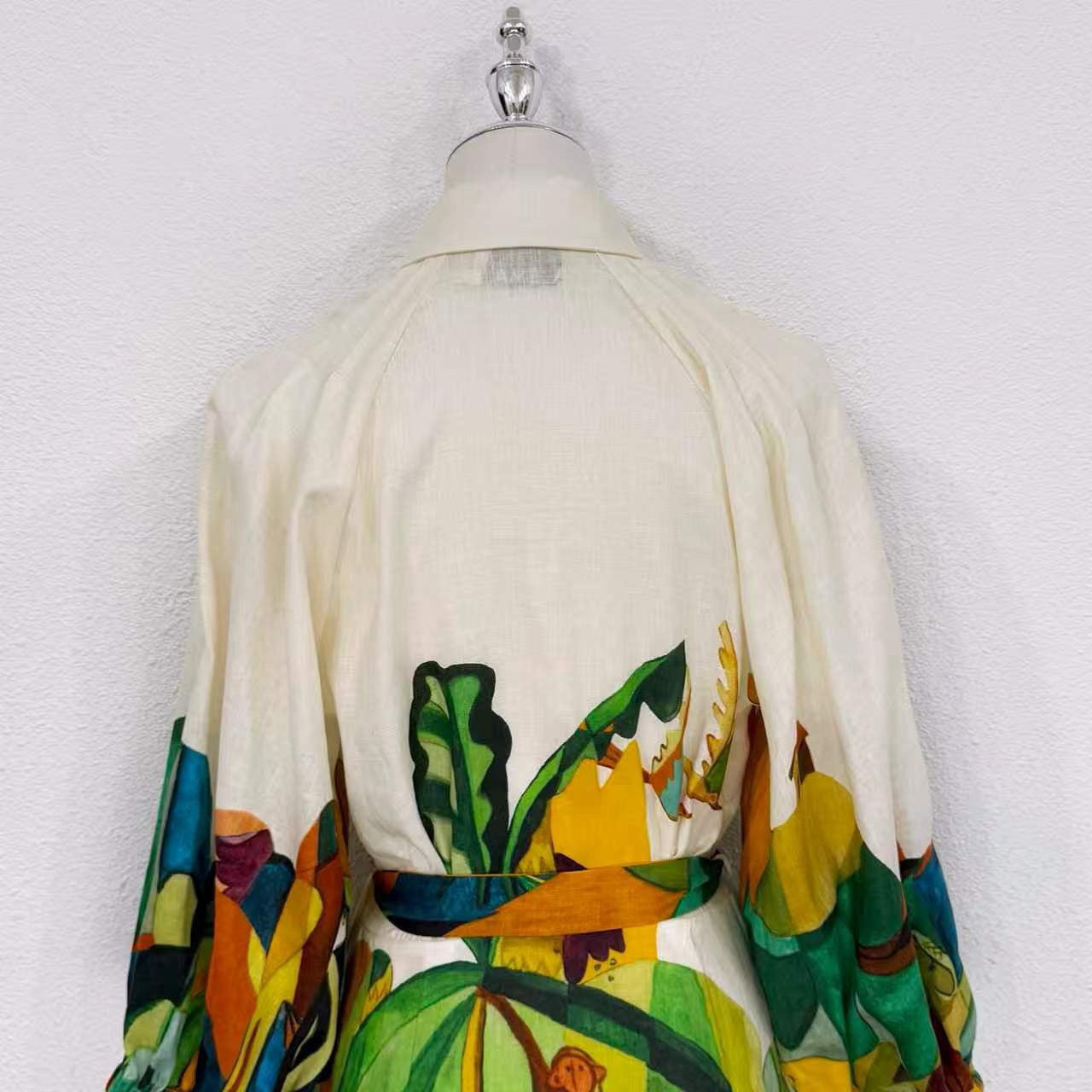 Lovestahl Niche Abstract Tropical Bird Print Shirt Dress Women Collar 3/4 Puff Sleeve Self Tie Waist Belt Mini Shirt Dress Resort Holiday Linen Blend Dress Size 6-12 In Stock