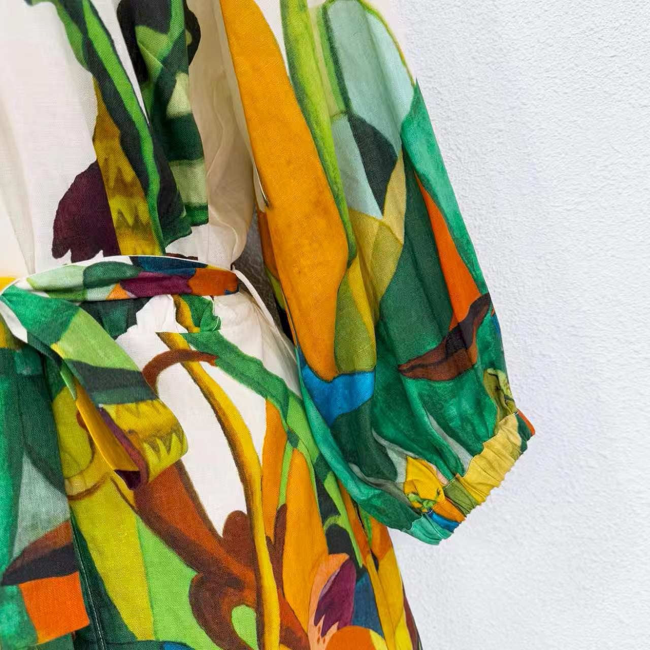 Lovestahl Niche Abstract Tropical Bird Print Shirt Dress Women Collar 3/4 Puff Sleeve Self Tie Waist Belt Mini Shirt Dress Resort Holiday Linen Blend Dress Size 6-12 In Stock
