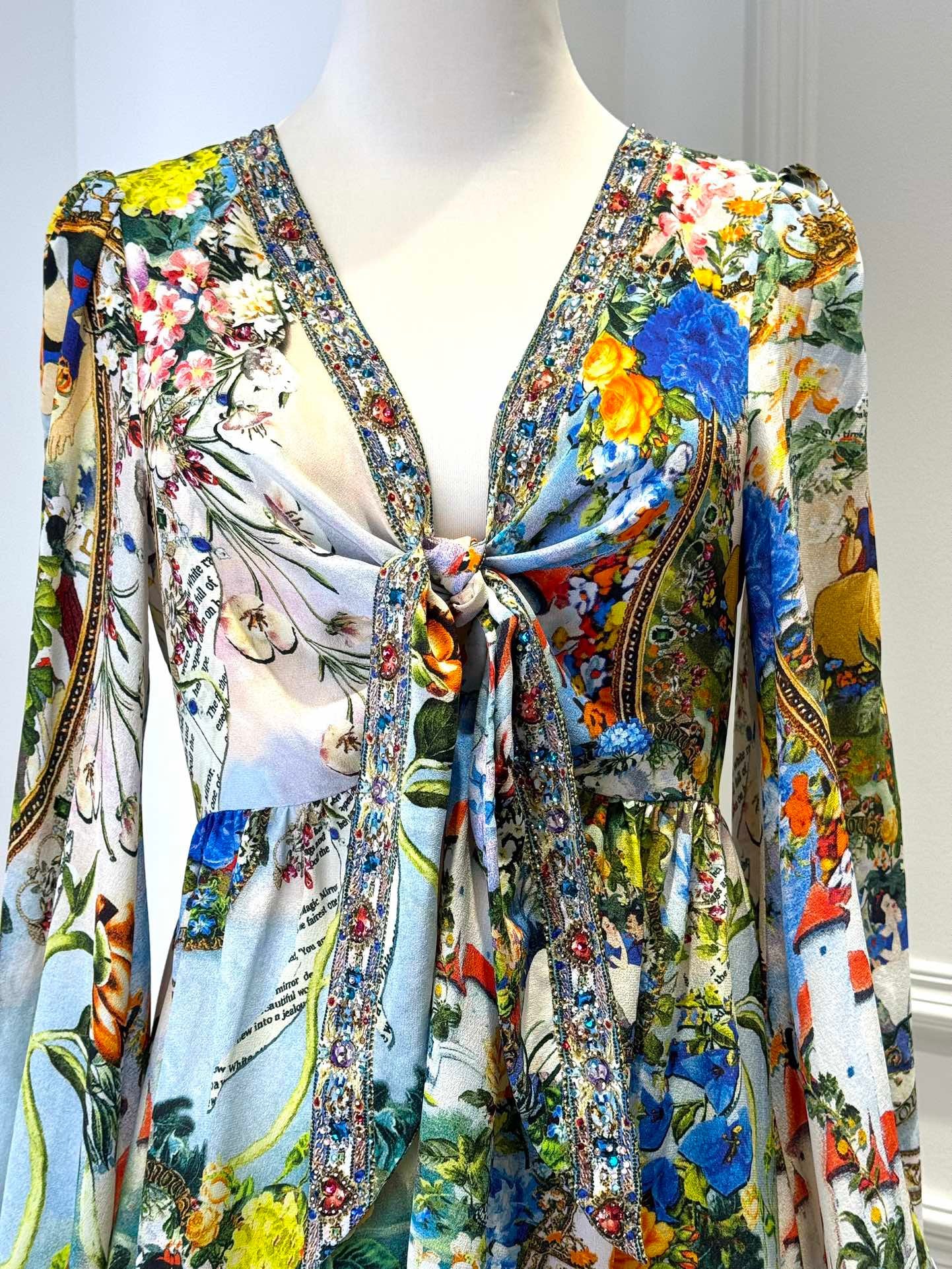 2026 WOMEN LOVESTAHL Fairytale Garden Print Mini Dress Women Deep V Neck Front Tie Rhinestone Trim Puff Long Sleeve Ruffle Hem Holiday Short Dresses