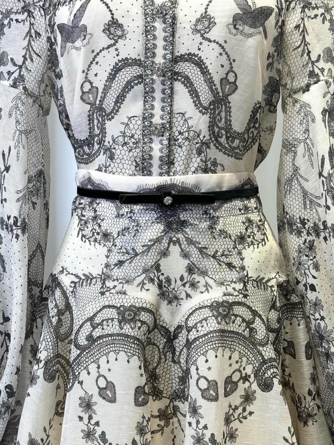 LOVESTAHL Vintage Lace Butterfly Print Midi Dress Women High Neck Puff Long Sleeve Slim Waist Belt Retro A Line Party Dresses