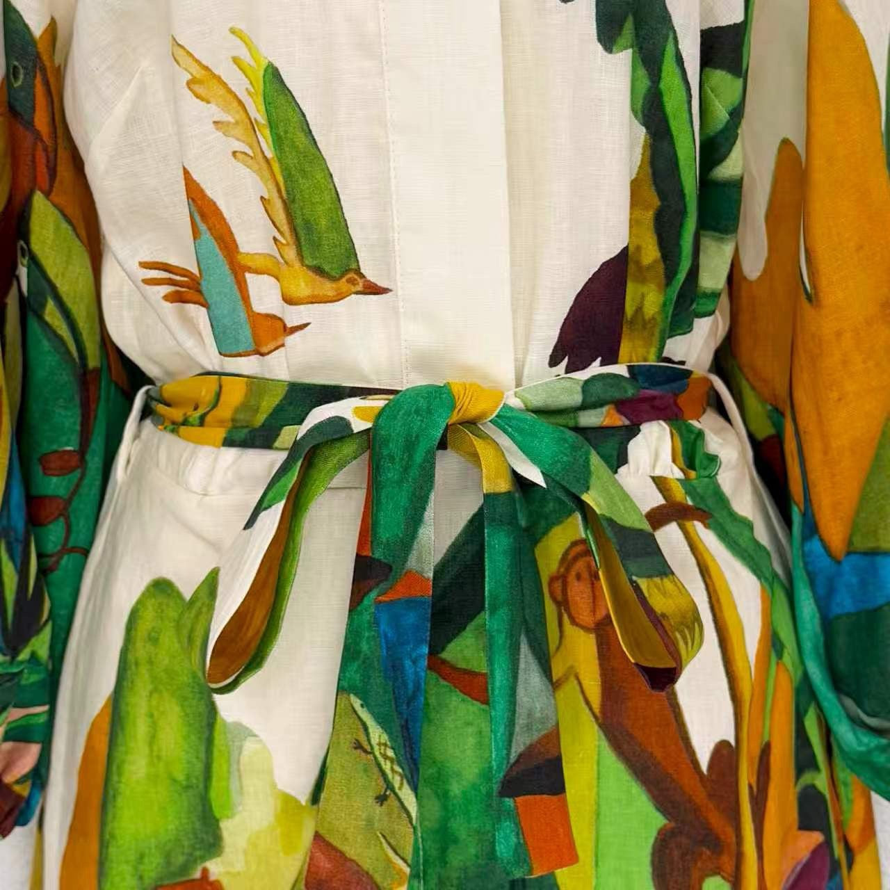 Lovestahl Niche Abstract Tropical Bird Print Shirt Dress Women Collar 3/4 Puff Sleeve Self Tie Waist Belt Mini Shirt Dress Resort Holiday Linen Blend Dress Size 6-12 In Stock