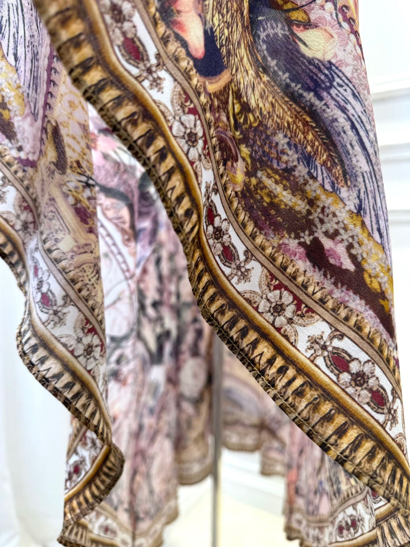 LOVESTAHL Vintage Floral Baroque Print Maxi Dress Women Deep V Neck Beaded Trim Puff Long Sleeve High Waist Button Front Elegant Holiday Long Dresses