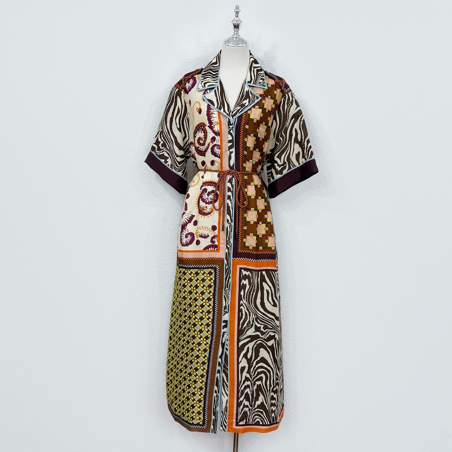 2026 WOMEN Lovestahl Wilson Patchwork Mixed Print Silk Linen Shirt Maxi Dress Women Lapel Short Sleeve Self Tie Waist Long Dress With Separate Cotton Slip Liner Luxury Resort Two Piece Dress Size 6-12 Ready To Ship