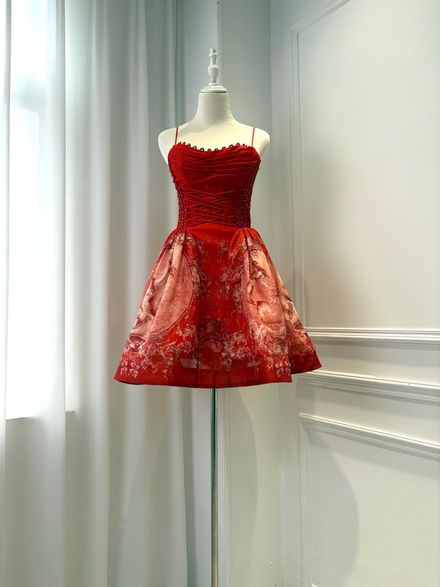 Lovestahl Women Red Floral Print Mini Party Dress Thin Spaghetti Strap Ruffle Neck Lace Up Corset Waist A Line Short Prom Dress Elegant Wedding Guest Evening Cocktail Dresses