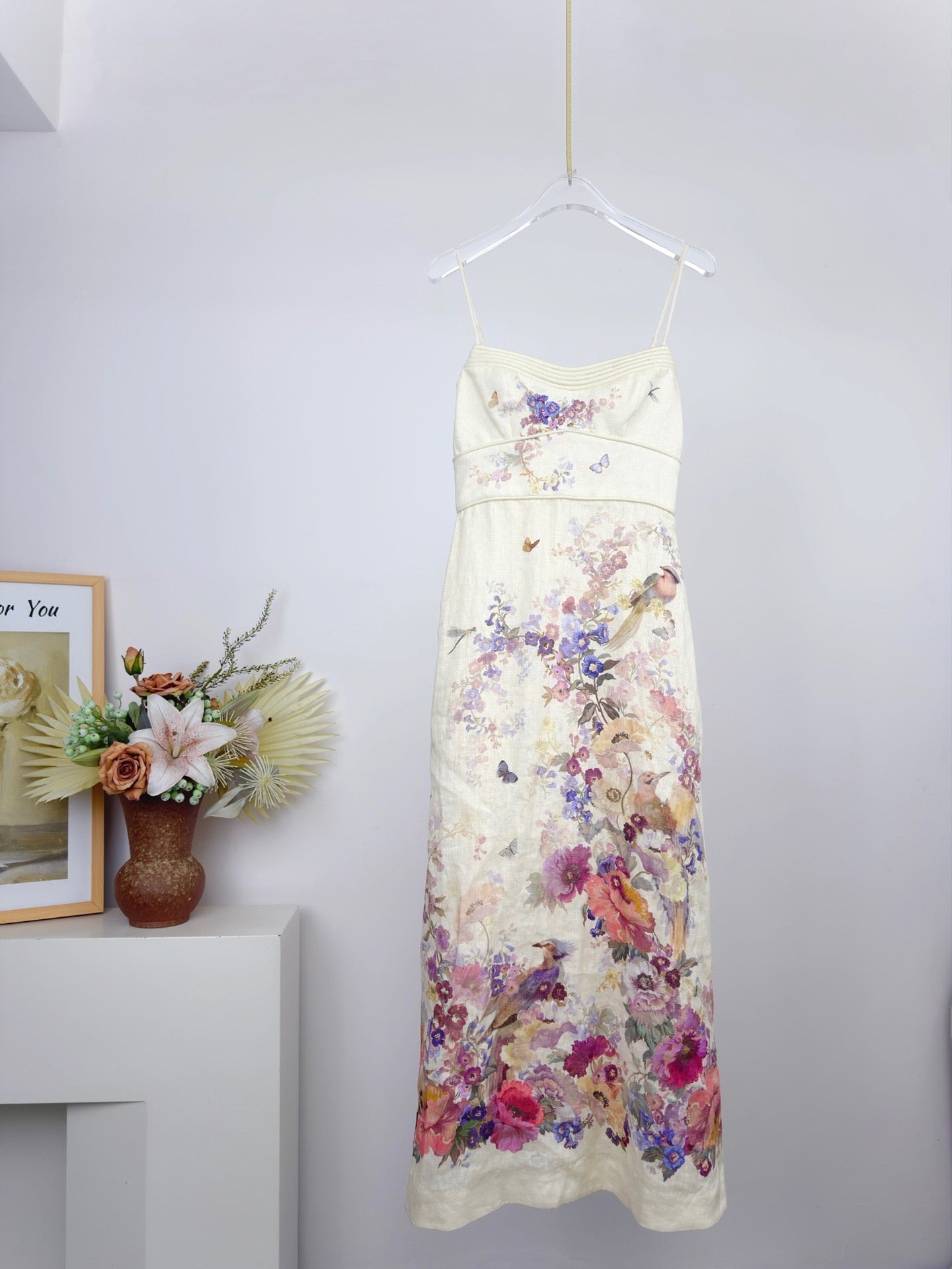 Lovestahl 100% Linen Vintage Bird Floral Print Midi Slip Dress Women Thin Spaghetti Strap Slim Bodycon Elegant Holiday Long Dress