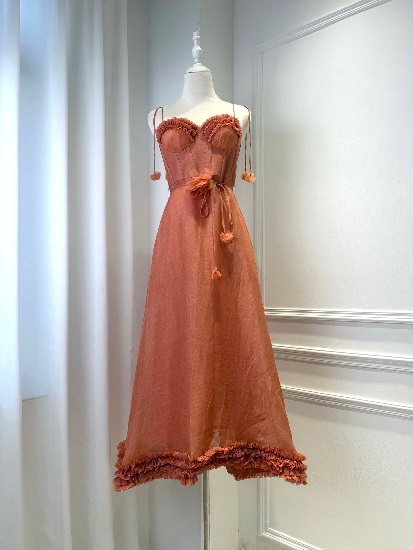2026 women Vintage Sheer A-Line Midi Dress, Frill Neck & Hem Floral Waist Tie Formal Dress Lovestahl