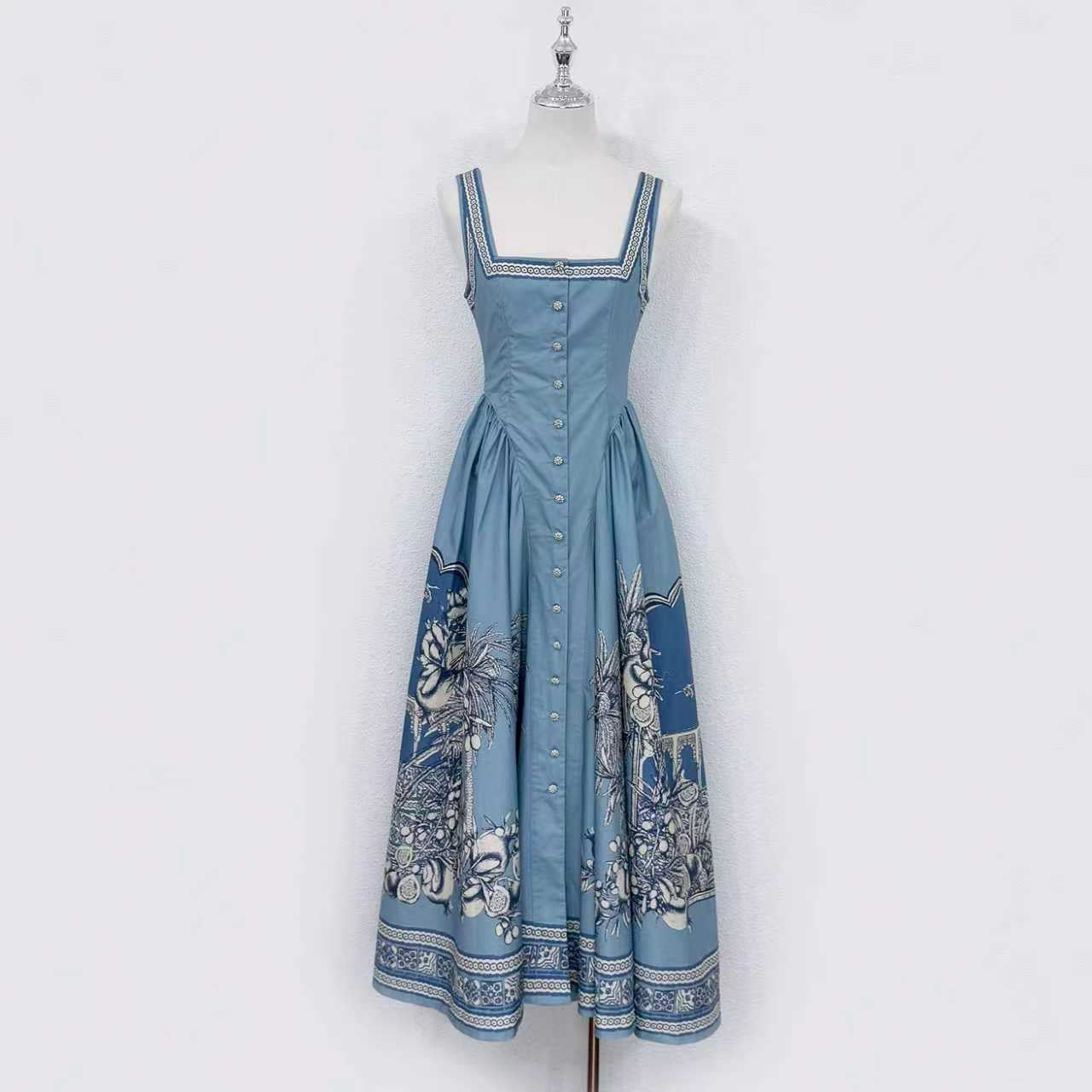 Lovestahl Viral Corset Midi Dress 100% Organic Cotton Mediterranean Lemon Botanical Print Square Neck Swing Skirt Holiday Dress Sizes 6-12 In Stock