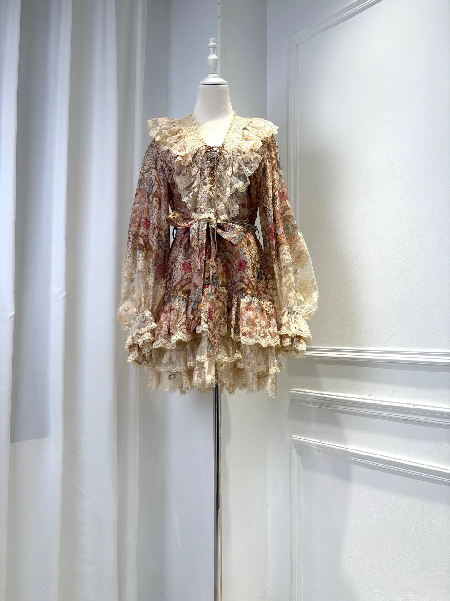 2026 women lovestahl Lovestahl Women Vintage Paisley Floral Mini Dress Lace Ruffle V Neck Lace Up Front Puff Long Sleeve Tie Waist Tiered Layer Fairy Short Dress