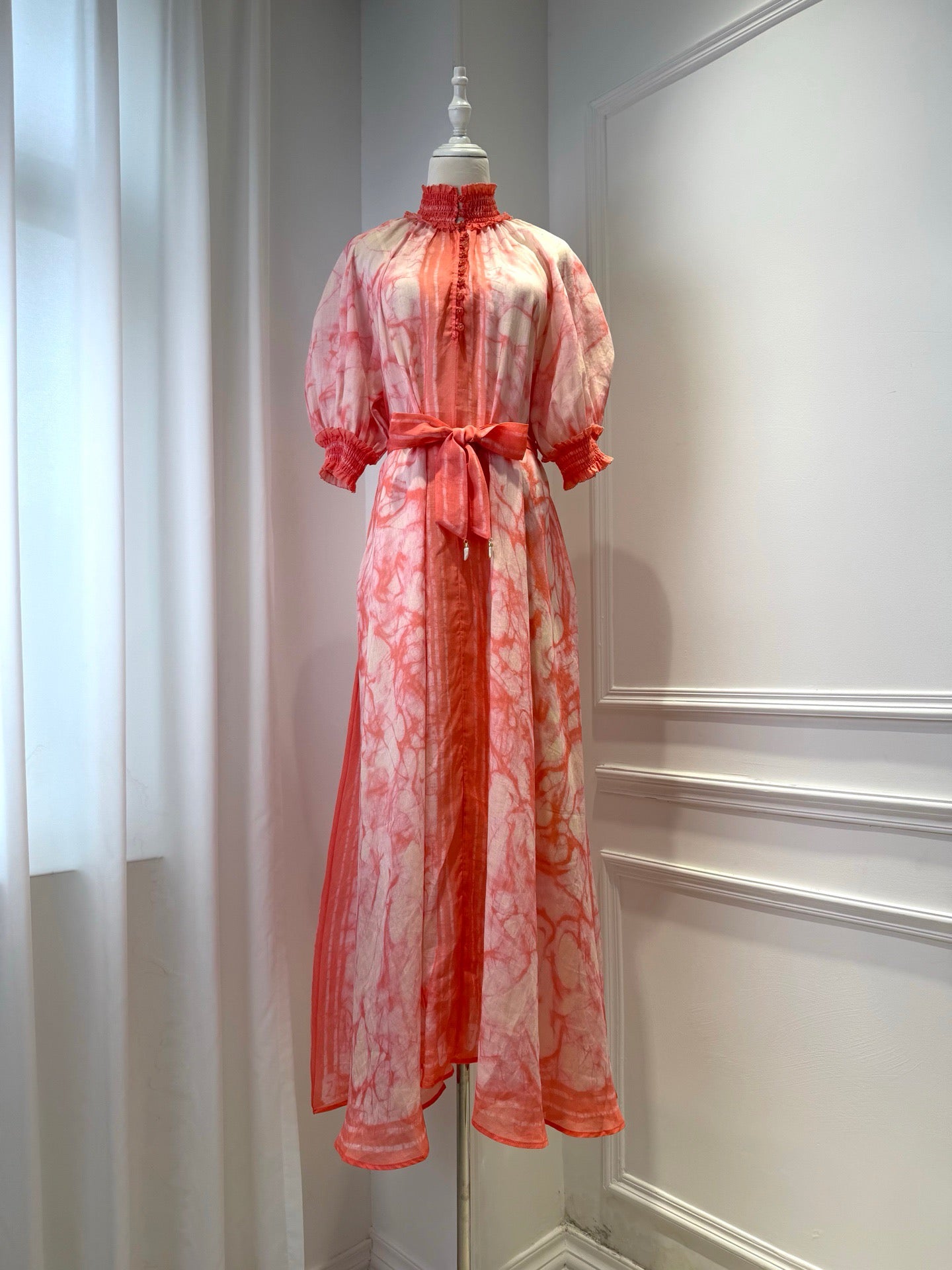 LOVESTAHL Pink Marble Print Maxi Dress Women Stand Collar Puff Short Sleeve Self Tie Waist Belt Flowy Long Vacation Dress Z1081 Sizes 0-3