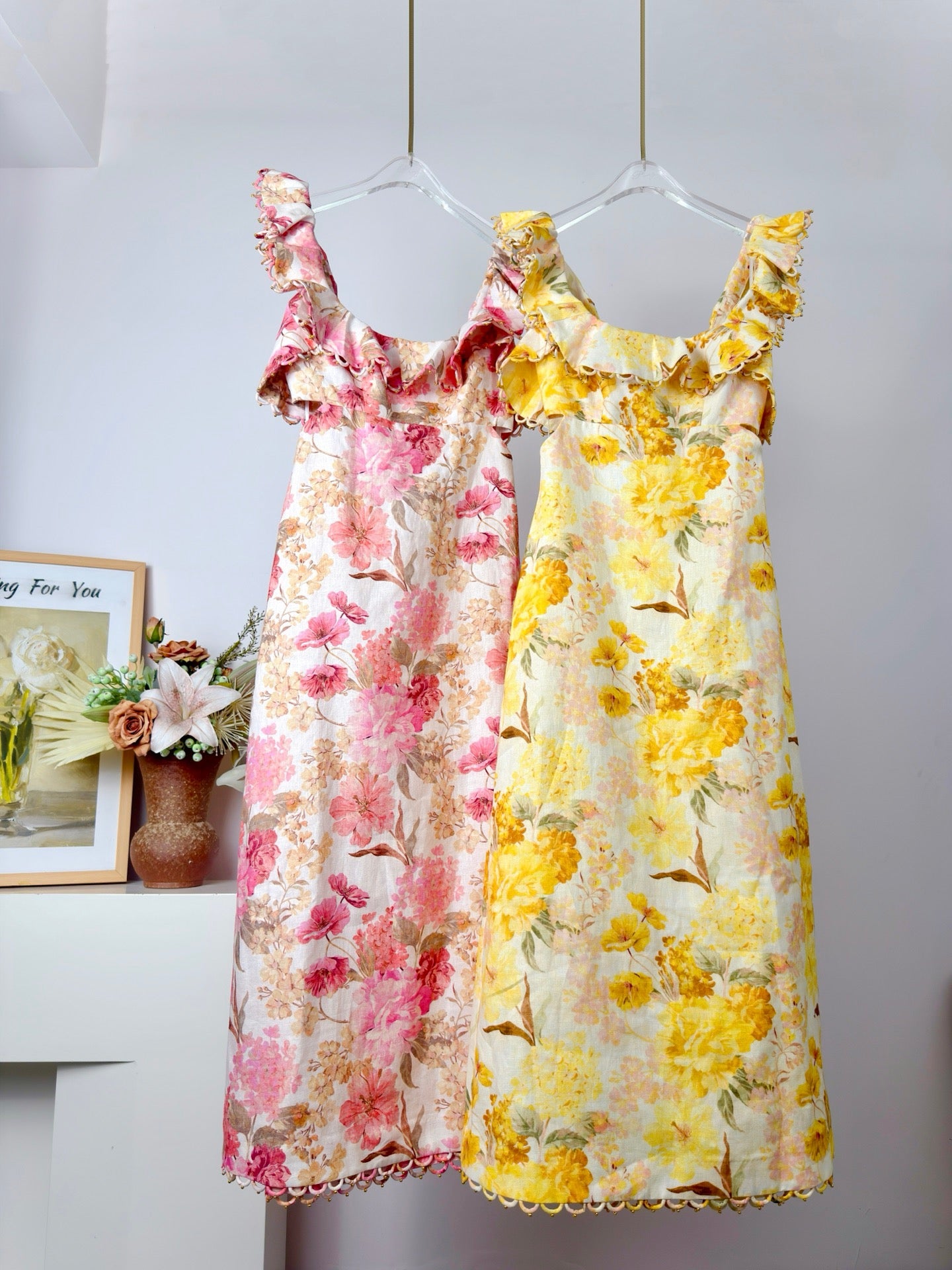 Lovestahl INDRA 100% Linen Midi Dress Women Ruffle Double Strap Square Neck Boned Bust Back Cutout Tie All Over Beaded Summer Vacation Dress