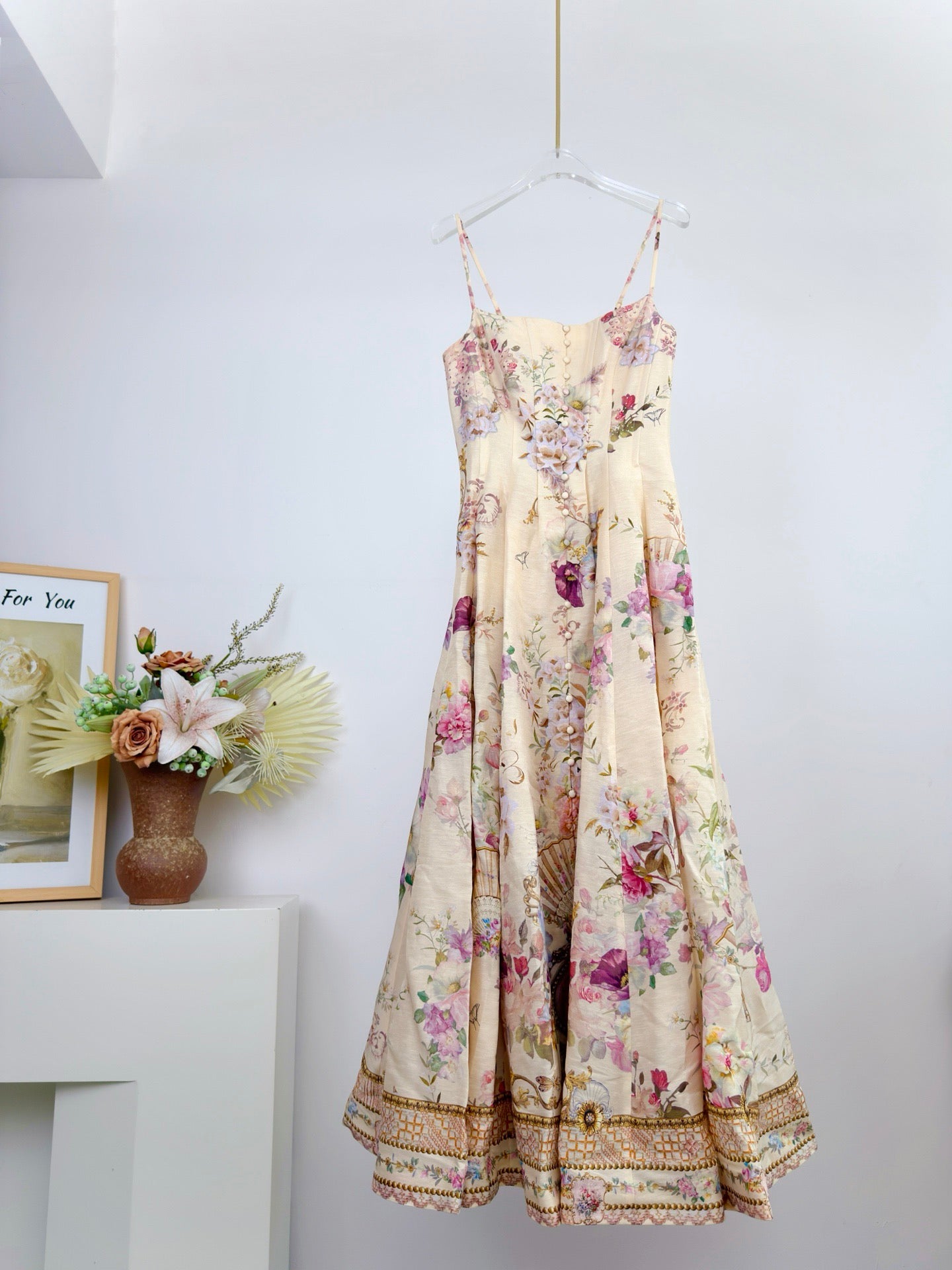 LOVESTAHL Designer Silk Linen Corset Maxi Dress Vintage Position Floral Print Gold Woven Adjustable Strap Front Button High Slit Flare Skirt Crystal Rhinestone Holiday Dress