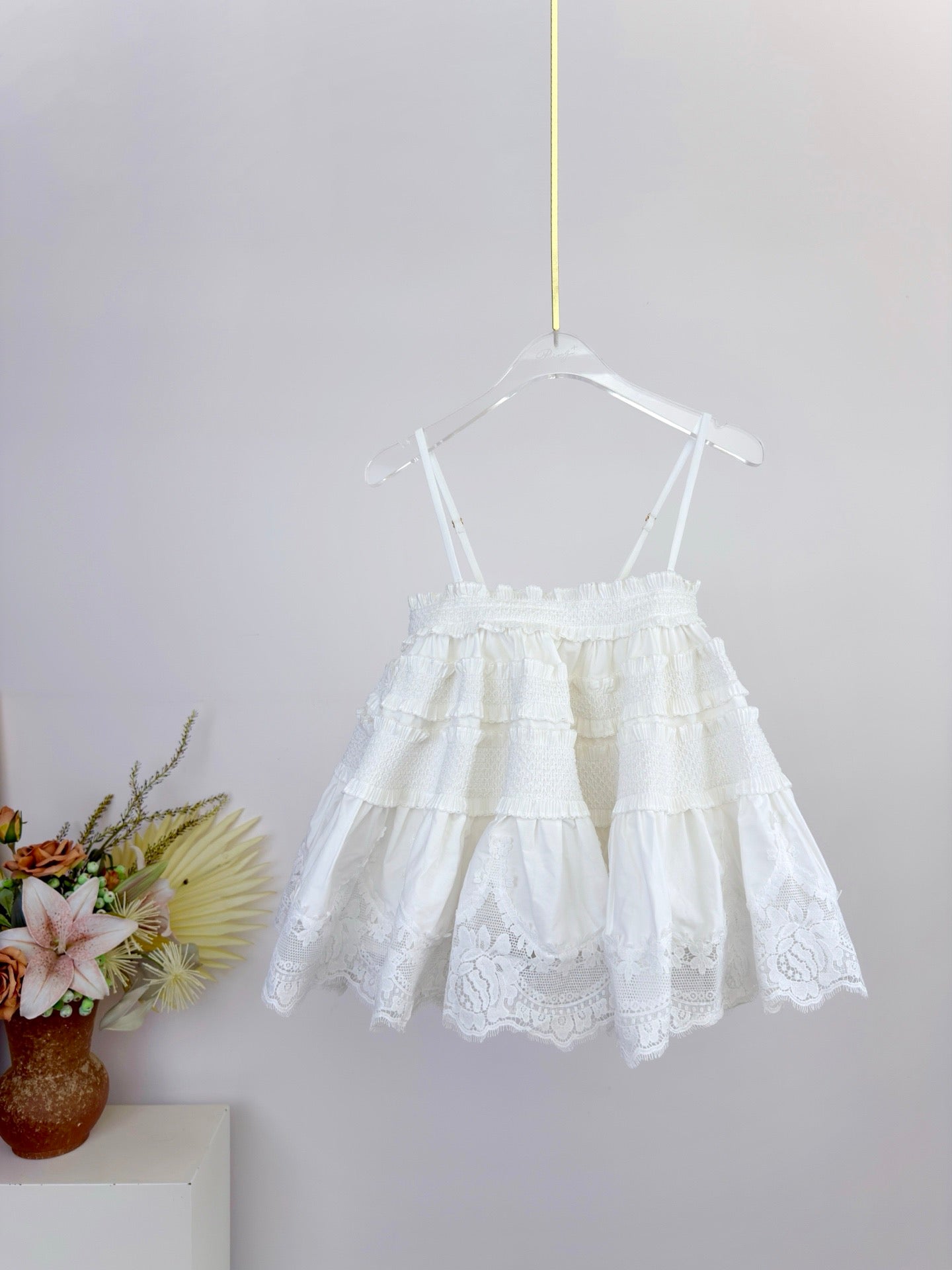 Lovestahl Runway Cotton Tiered Shirred Frill Bandeau Top Tulle Lace Hem Detachable Adjustable Straps Invisible Back Zip Boho Camisole