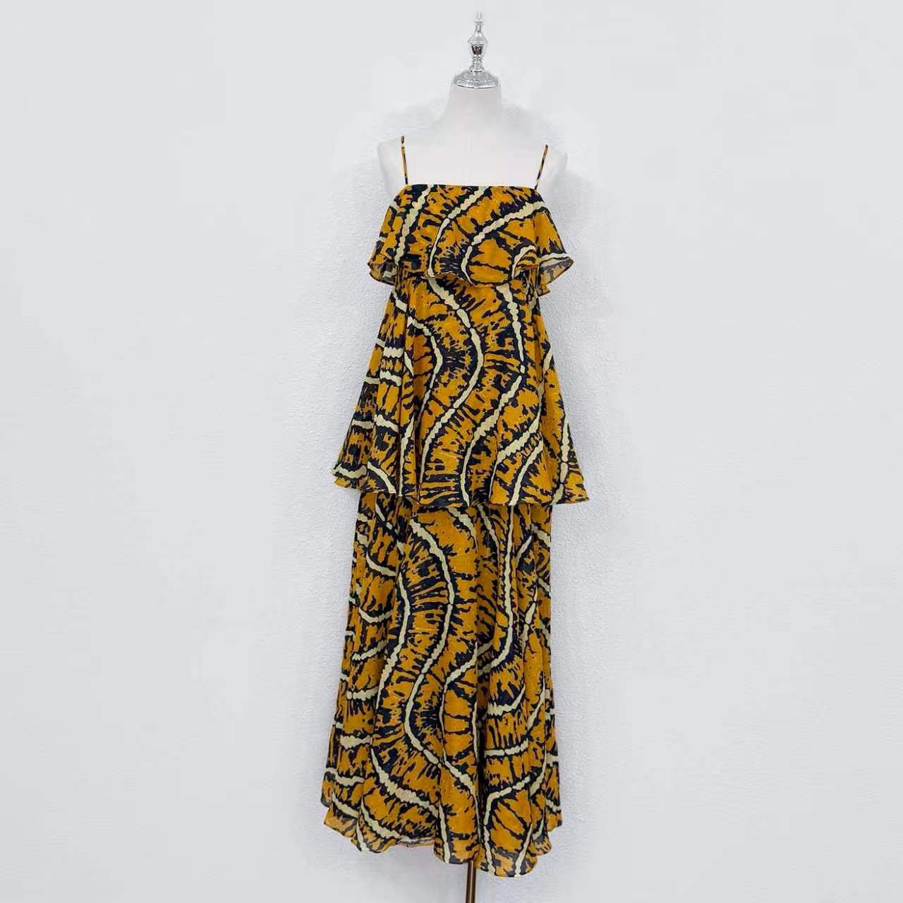 2026 women lovestahl Lovestahl Women Yellow Tiger Stripe Print Spaghetti Strap Maxi Dress Double Layer Ruffle Tiered Flowy Chiffon Long Sundress Summer Beach Vacation Boho Dress