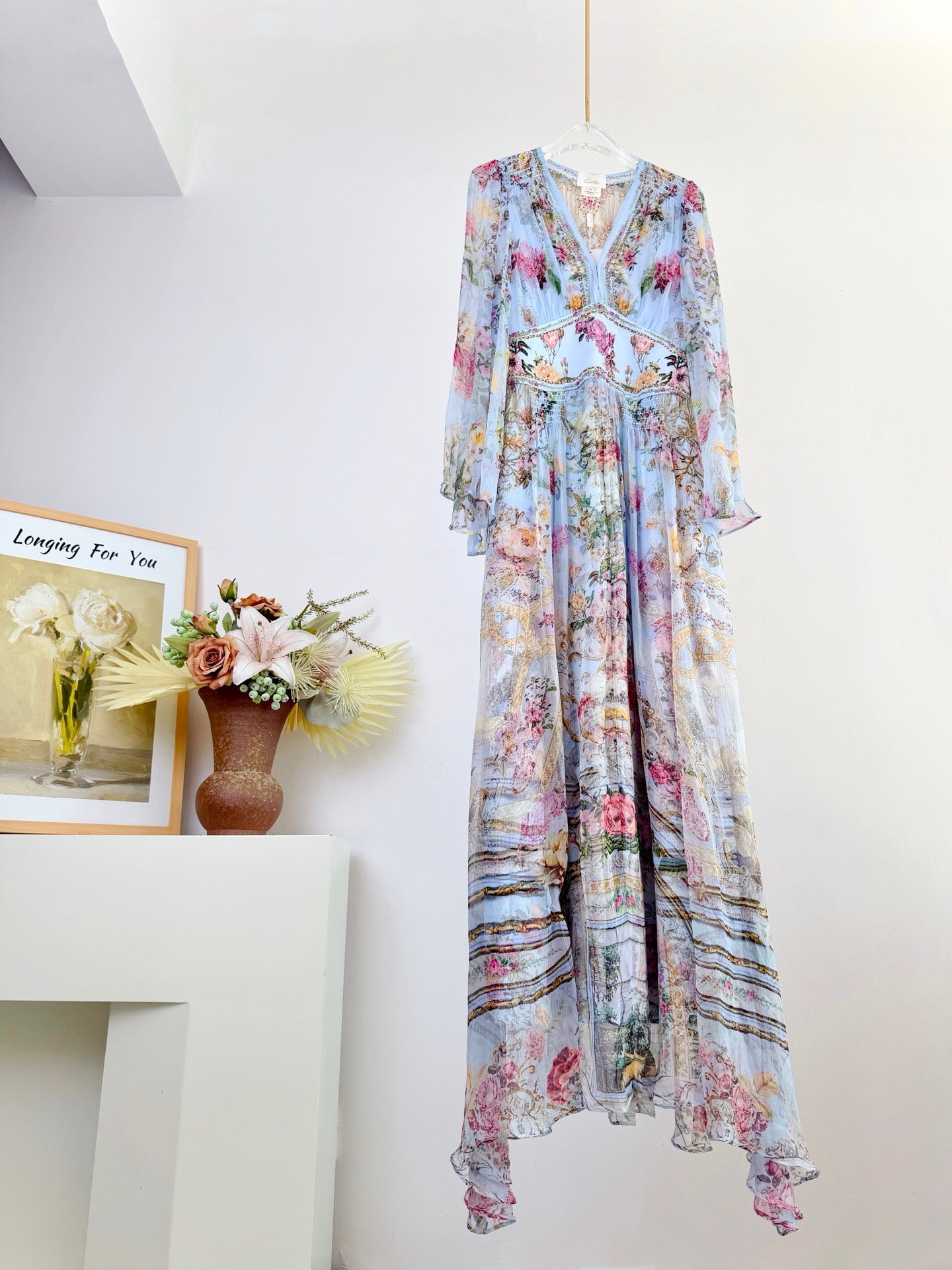 Lovestahl Runway Collection 100% Silk Maxi Dress Women Deep V Flared Bell Sleeve Matching Waist Belt Hand Crystal Rhinestone Vintage Floral Print Fitted Long Party Dress