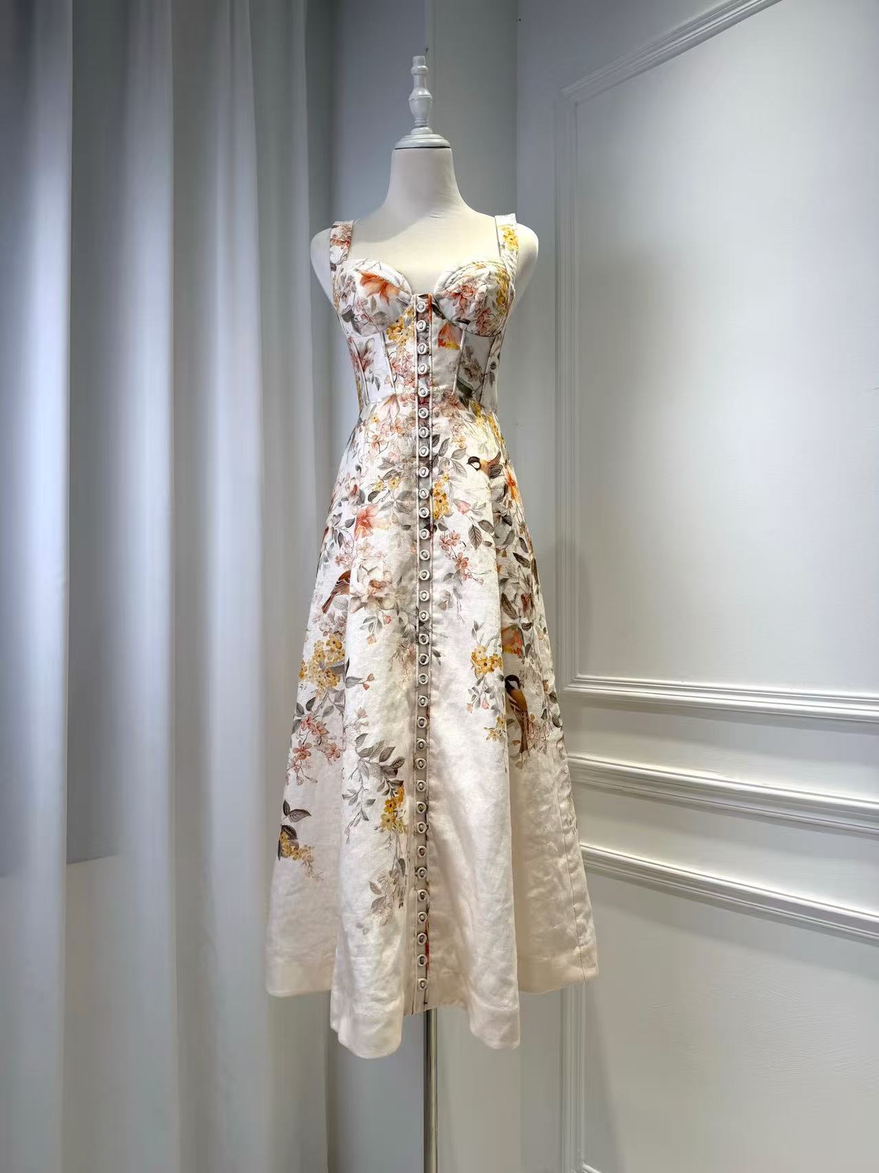 Lovestahl Cream Songbird Floral Linen Midi Dress Women Sweetheart Corset Bust Spaghetti Strap Front Button Vintage Bird Print A Line Vacation Long Dress